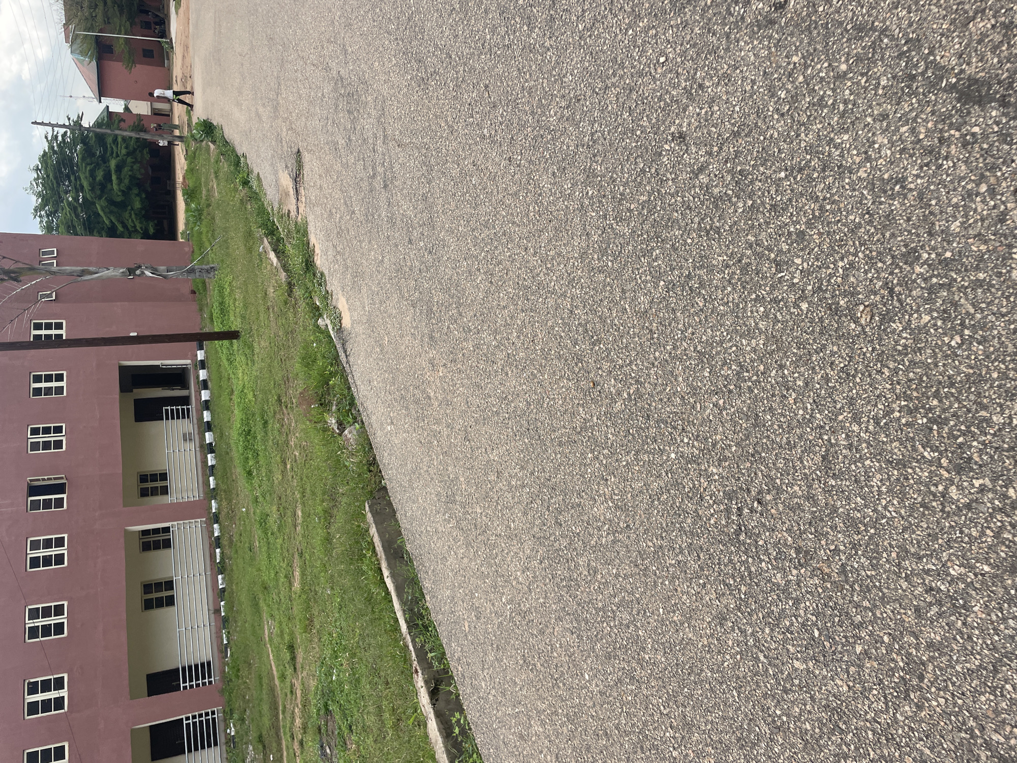 The image shows a street scene in Lokoja, Nigeria, with a pink building featuring multiple windows on the upper floor and a covered walkway with windows and doors on the lower floor. A white railing runs along the walkway, with a black and white striped pattern at the base of the building. To the left of the building is a patch of green grass and a concrete curb. The foreground is dominated by an asphalt road. In the background, there are trees and another red building. A person in a white t-shirt and dark trousers is walking away from the camera on the right side of the road. The sky is overcast.