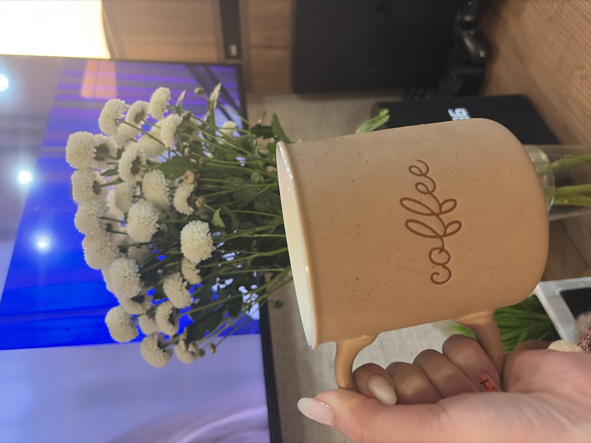 A close-up, angled shot shows a bouquet of white flowers and a beige coffee mug being held in a person's hand. The mug has the word "coffee" vertically inscribed on it. The person's hand is visible, with long, polished nails. In the background, a television screen displays blue hues. Additionally, what appears to be electronic equipment, including a gaming console and controller, can be seen on a wooden surface.
This scene does not contain information that can be used to determine its location in the city of Chaikovsky, Russia.