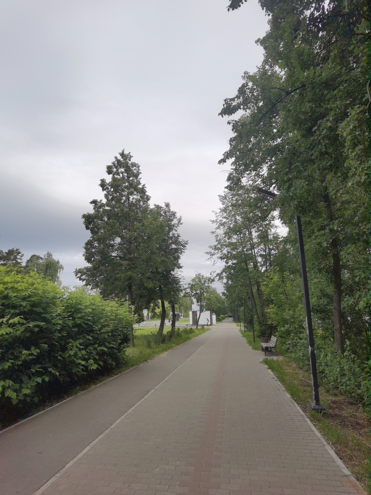 The image depicts a paved pathway in a park-like setting in Chaikovsky, Russia. The pathway is bordered on the left by a well-maintained, dense green hedge and a separate paved surface. On the right, the pathway is lined with trees and a sidewalk. A single park bench is visible on the right side of the pathway, accompanied by a modern street lamp. In the distance, the pathway curves, and several more street lamps can be seen. The sky is overcast with a grey, cloudy appearance. The scene appears to be a public area designed for walking or cycling, likely in a residential or recreational district of the city.