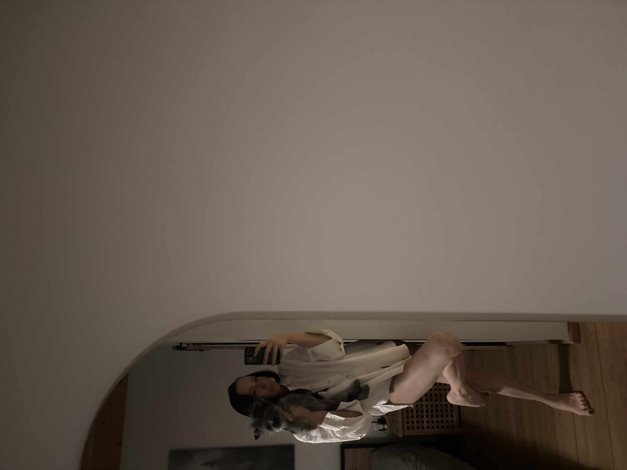 The image, correctly oriented, shows a woman taking a mirror selfie indoors while holding a gray pet. The woman has dark hair and is wearing a loose, light-colored long-sleeved shirt, with her lower legs bare. She holds a smartphone to capture her reflection. A fluffy, gray cat or small dog is nestled against her chest. Her expression is neutral as she looks at the phone screen.
The scene is reflected in a large mirror with a curved top and a light-colored frame. The room features a warm wooden floor, a dark wooden slatted cabinet, and part of a bed with a dark green cover. A framed picture is visible on the wall behind the woman's reflection. The walls are light-colored. The dim, soft lighting suggests an intimate evening or nighttime setting. No text is visible. The overall atmosphere is relaxed and domestic. The location context provided is Chaikovsky, Russia.