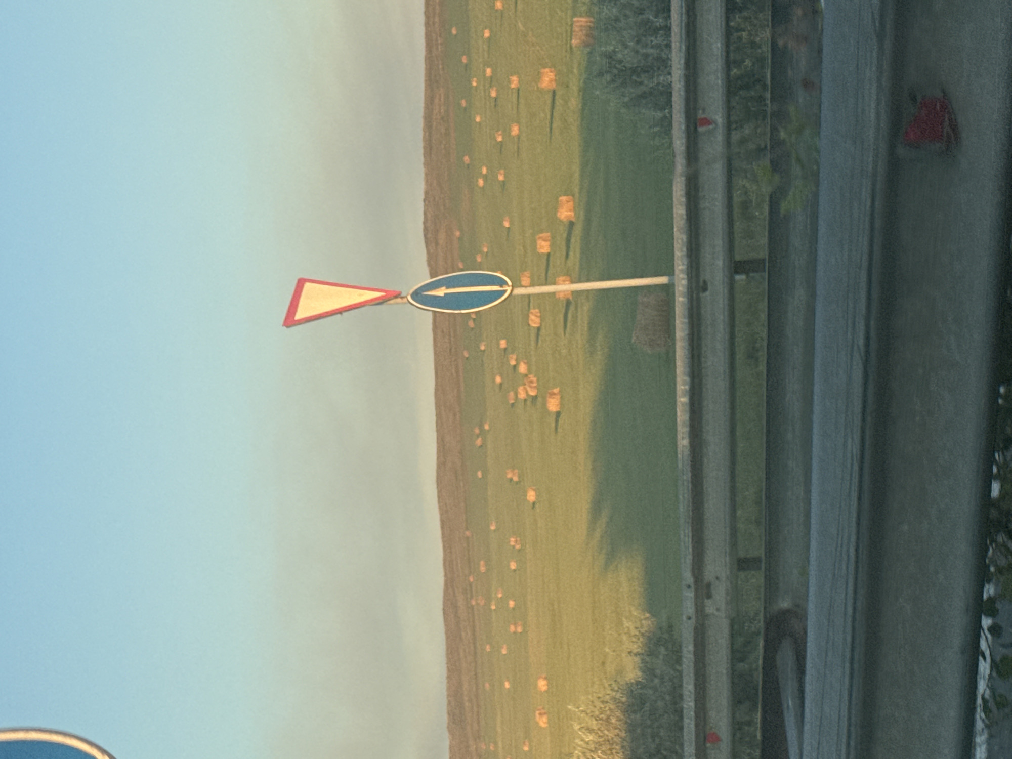 The image shows a rural landscape with a field of hay bales under a clear sky. In the foreground, there is a guardrail, and a traffic sign with an inverted triangle and a blue circle with a white arrow. The field is green and dotted with numerous round and square hay bales. The terrain slopes gently upwards in the background. There are no people or animals visible in the image. The lighting suggests it is either early morning or late afternoon. The image does not contain any elements that would indicate it is located in Magnitogorsk, Russia.