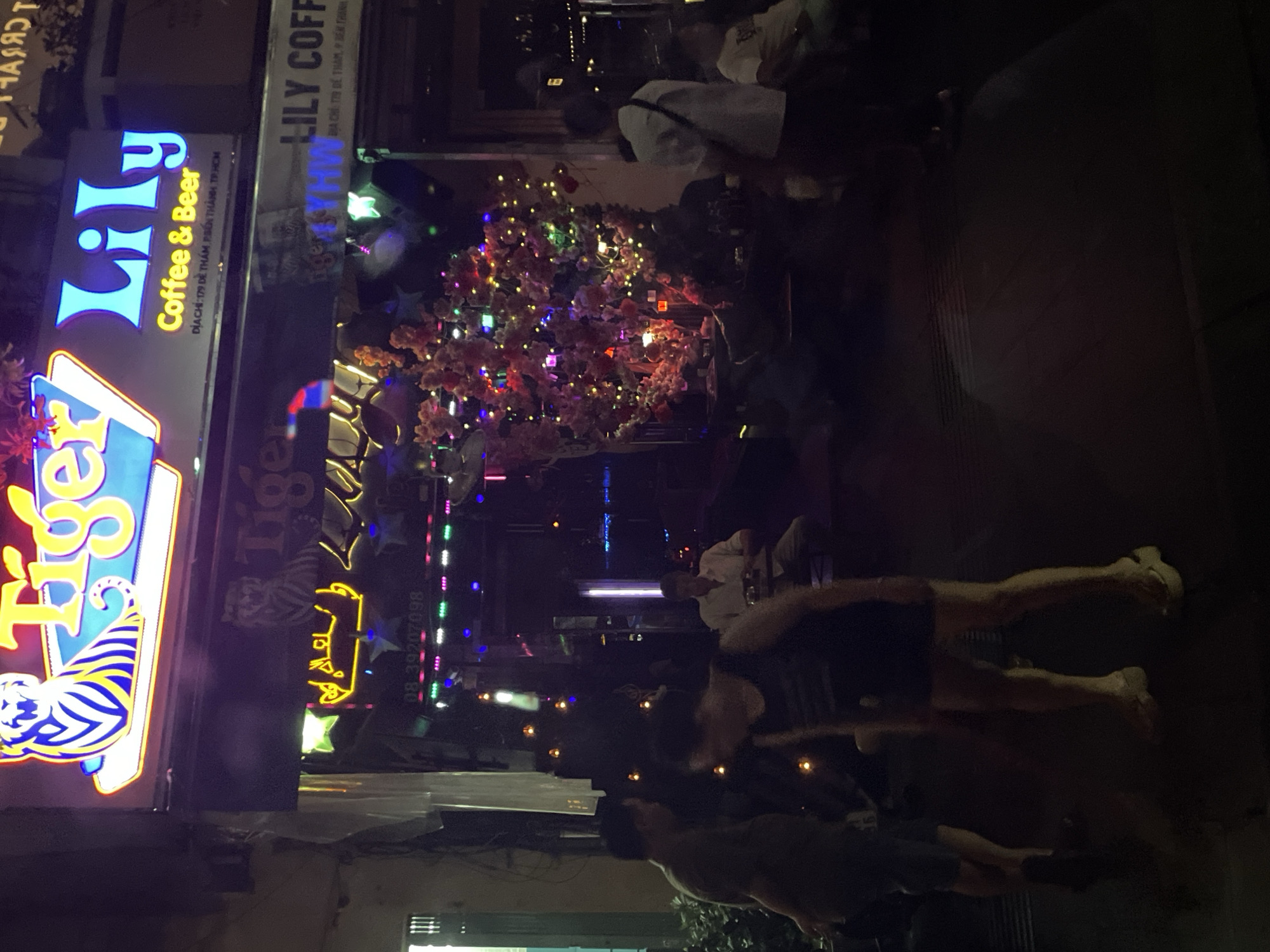 In Thủ Đức City, Vietnam, a neon sign for "Tiger Lily Coffee & Beer" illuminates the nighttime street. The sign features a stylized tiger and the words "Tiger Lily" in blue neon. Below, smaller text reads "ĐỊA CHỈ: 179 ĐỀ THÁM, P. BẾN NGHÉ, TP. HỒ CHÍ MINH," indicating the address. A decorated tree with pink blossoms and colorful lights stands in front of the establishment. Several people are visible in the foreground and background, some standing and others seated at tables. The scene depicts a lively street-level establishment at night, likely a bar or cafe, with a focus on its prominent neon signage and festive decorations.