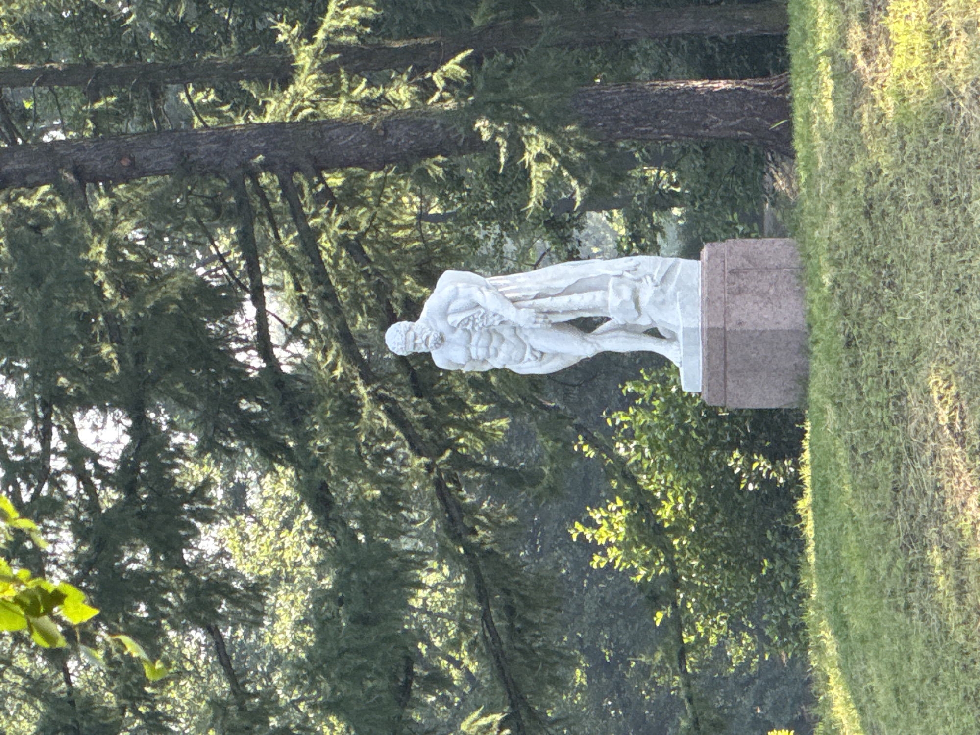 The image shows a white marble statue of a muscular male figure, possibly Hercules, standing on a granite pedestal in a park. The statue is positioned on a grassy hill, with lush green trees and foliage in the background. The lighting suggests it is daytime, with sunlight filtering through the leaves. The statue is the central focus of the image, with its detailed musculature and draped cloth clearly visible. The environment appears to be well-maintained and natural, characteristic of a public garden or park. This statue is located in the Catherine Park, in Pushkin, a suburban town of Saint Petersburg, Russia.