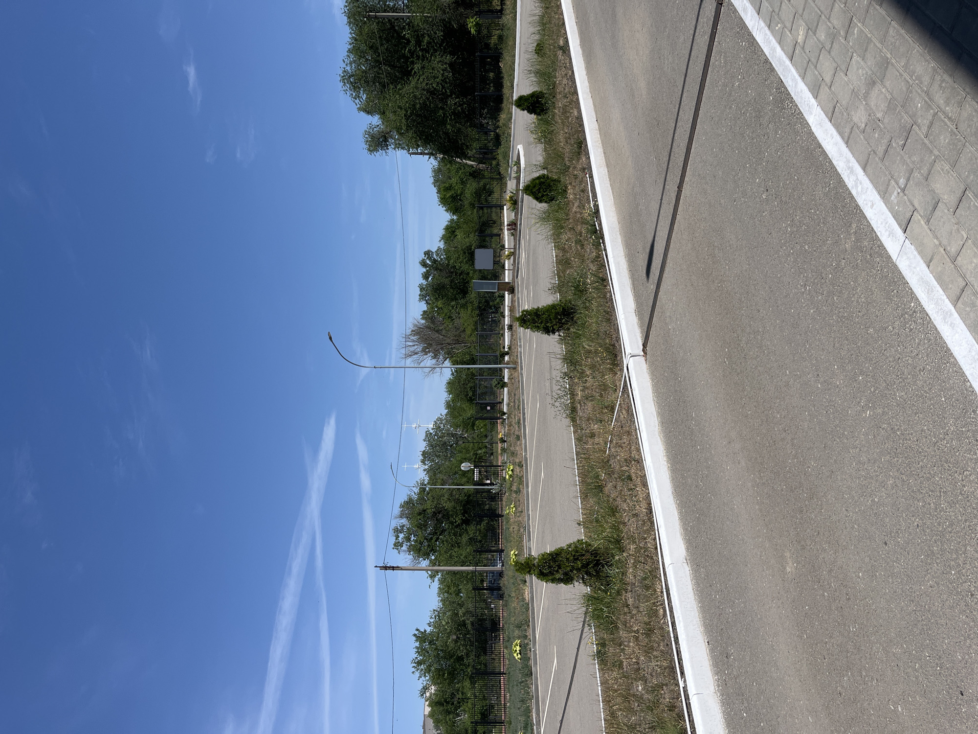 An outdoor asphalt parking lot with white painted parking lines is shown. The lot is bordered by a white curb and dry grass. Several small evergreen trees are planted along the curb. In the background, a black metal fence encloses a green area with trees. A tall pole with a light fixture stands in the parking lot. The sky above is clear blue with a few wispy white clouds. The image appears to be taken in Krasnyye Barrikady, Russia.