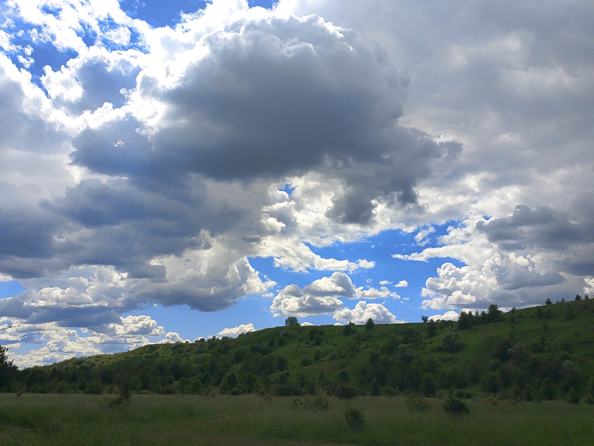 The image depicts a landscape under a sky filled with cumulus clouds. The foreground consists of a grassy field. Beyond the field, a rolling green hill rises, dotted with trees and shrubs. The sky is mostly covered with large, billowing clouds, some of which are dark grey, obscuring parts of the blue sky. Some trees are visible on the horizon. The location is unspecified.