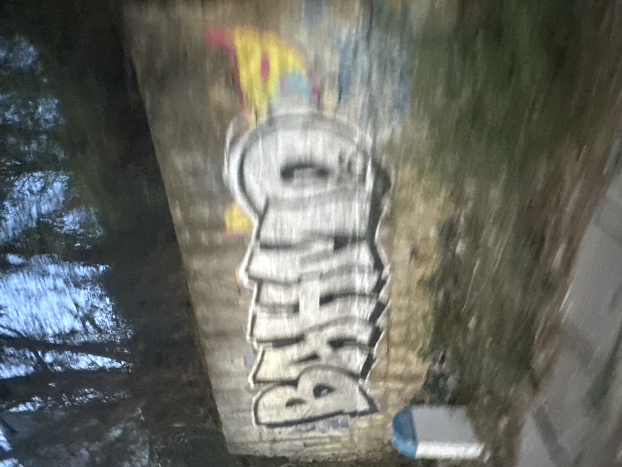 The image depicts graffiti on a concrete pillar or wall. The graffiti is in a vertical format and appears to spell a word or phrase in stylized letters. The primary color is gray or white with black outlines. There are faded yellow, pink, and blue markings above the main graffiti. The pillar is situated in an outdoor environment with vegetation visible to the left and right. To the left, there is a body of water with snow and trees, and on the bottom right of the pillar, there is a gray and blue rectangle object on the ground. The location may be Bac Nha Trang Ward, Vietnam, given the information supplied.