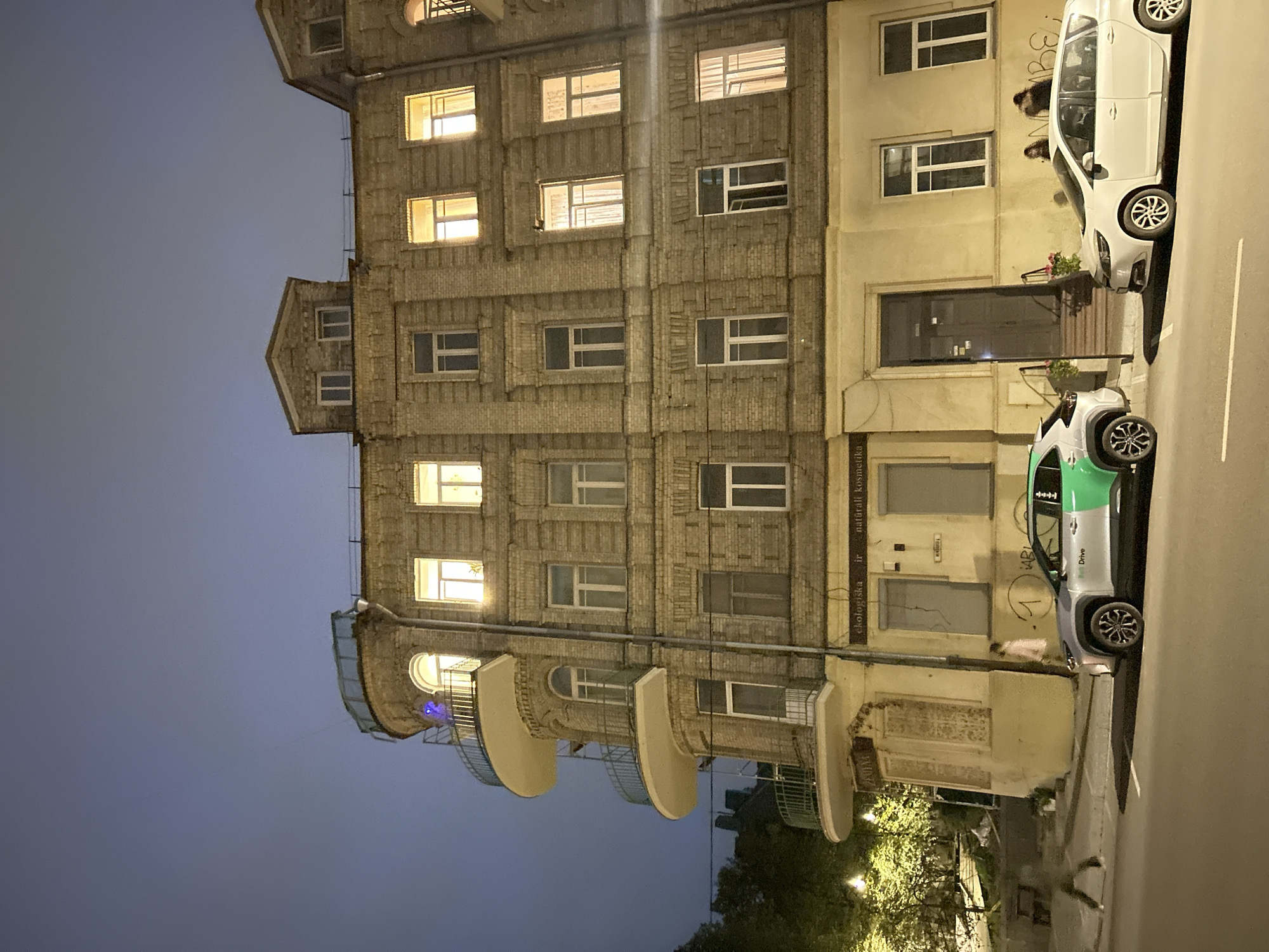 The image shows a multi-story brick building on a city street at night. The building has several windows, some of which are illuminated. There are balconies on the left side of the building. In front of the building, on the street, are two parked cars: a silver and green car and a white car. A few people are visible on the sidewalk near the cars and in front of the building. The street is illuminated by streetlights, and the sky is dark.
The text on the building's facade indicates it is located in Vilnius, Lithuania. One sign reads "ekologiška ir natūrali kosmetika", which translates to "ecological and natural cosmetics". Another sign above a storefront on the left side reads "ANTKVA".