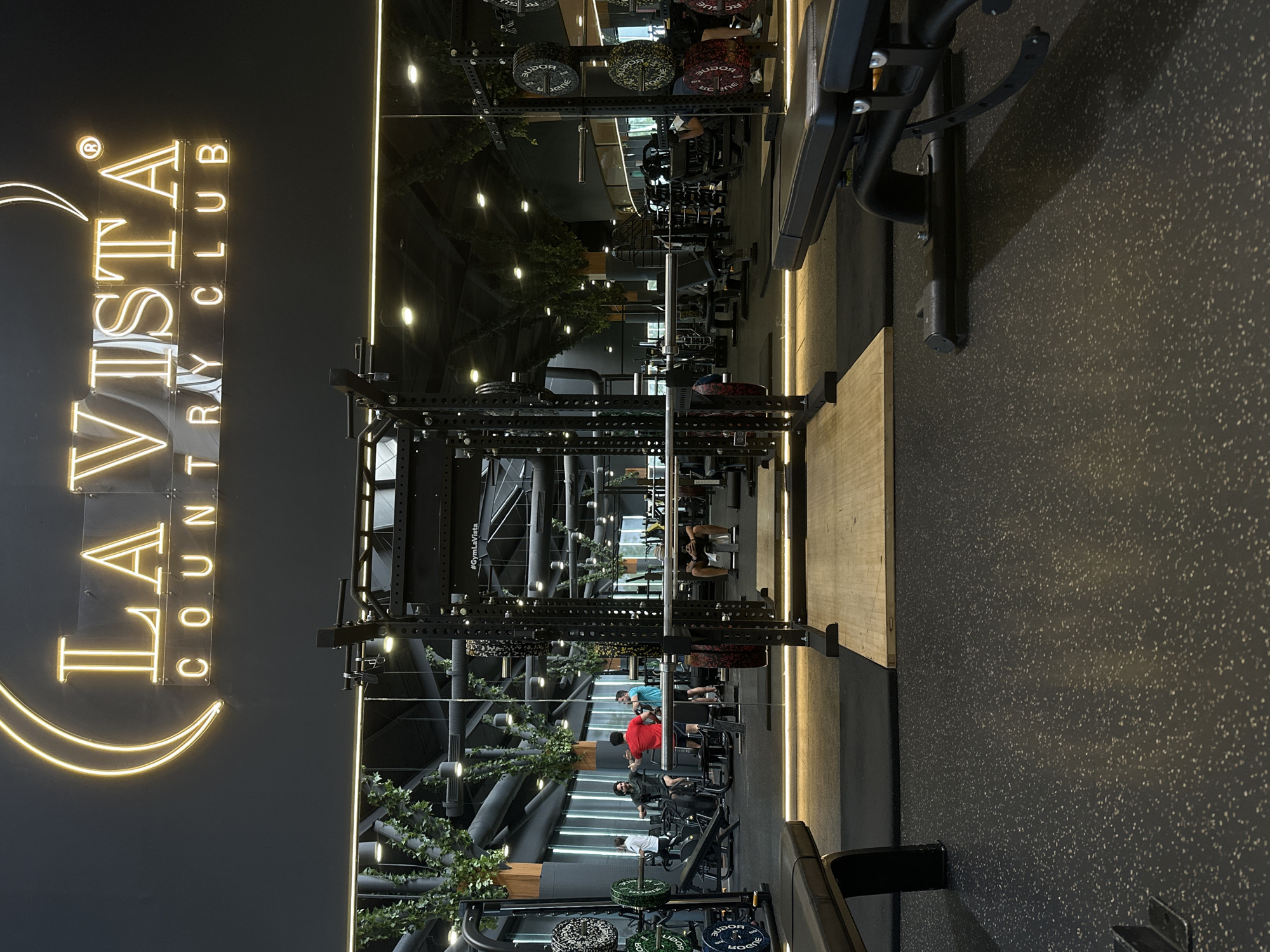 This media file captures the interior of a modern, upscale fitness center identified as "LA VISTA COUNTRY CLUB" in San Bernardino Tlaxcalancingo, Mexico. The scene is brightly lit by neon signs and recessed lights, contrasting with a predominantly dark color scheme on the walls, ceilings, and specialized rubber flooring.
The primary subjects are the gym's facilities and several individuals engaged in exercise or observing the equipment. Numerous heavy-duty power racks and squat cages are visible, equipped with barbells and weight plates, some branded "ROGUE." Various other exercise machines and benches are scattered throughout the spacious area. Lush artificial or real greenery is integrated into the structural elements, adding a touch of nature to the industrial aesthetic. Large mirrors on one side of the gym reflect parts of the interior, including ceiling lights and foliage, enhancing the sense of depth and space.
The main activity is fitness training, with people seen standing near equipment. One individual wears a red shirt, another a blue shirt, and others are in various casual gym attire. The overall atmosphere appears focused and active, though no specific emotional expressions are discernible.
Notable details include the prominent glowing neon sign on a dark wall that reads "LA VISTA COUNTRY CLUB" along with a crescent or arc graphic and a registered trademark symbol (®). A partially visible hashtag "#GymLaVista" can also be seen on a structural beam. The artificial lighting suggests the image was taken indoors, potentially at any time of day, but the low ambient light outside the bright neons might suggest evening. The facility boasts a clean and well-maintained appearance.