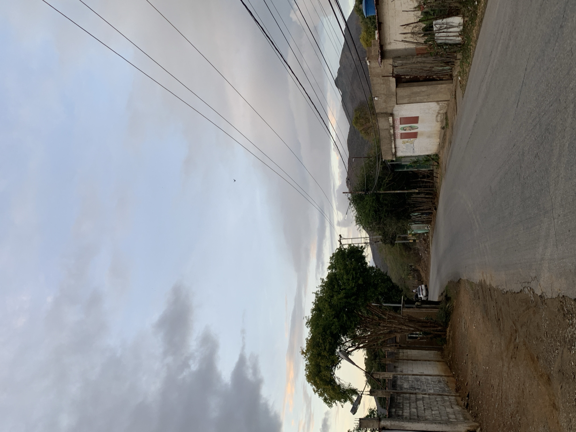 This media file captures a quiet, semi-rural street scene in La Tagua, Venezuela, likely at dawn or dusk, under an overcast or partly cloudy sky. The image is taken from a low angle, looking down a gently curving paved road that eventually transitions into a dirt path on the right.
In the foreground and midground on the left, several dark power lines stretch across the sky. Below them, simple, unpainted concrete or cinder block buildings line the left side of the road. One notable detail on a white wall of a building is a painted emblem: a central green design, possibly a stylized plant or corn, flanked by two horizontal red stripes, one above and one below. A large, leafy green tree with a visible street light stands prominently on the left, partially obscuring a white vehicle parked further down the road. In the far distance, a blue barrel or tank is visible atop one of the buildings.
The background is dominated by large, dark mountains, suggesting a mountainous region, with hints of green foliage. A small, dark speck, possibly a bird, can be seen in the sky near the power lines. The lighting is soft and diffused, indicating a time of day with indirect sunlight. No specific activity or people are visible, lending a tranquil atmosphere to the scene. The setting appears humble and characteristic of a developing rural or exurban area.