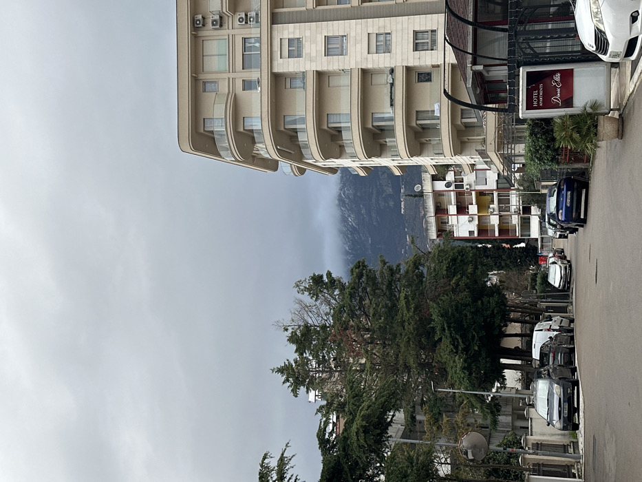 This image depicts a quiet urban street scene in Budva, Montenegro, specifically looking east along Mediteranska Street, with the "HOTEL APARTMENTS Dune Elite" visible on the right. The day is overcast, with a uniform grey sky. In the background, mountains are partially obscured by low-lying clouds or fog, revealing patches of snow on their upper slopes.
The street is an asphalt road, with multiple vehicles parked along both sides. On the immediate left, a dark Ford Focus is parked on the sidewalk. Further down, a white commercial van and additional cars are parked. On the right side of the street, a blue sedan and other vehicles are visible. No people are present in the scene.
The prominent building on the right is the multi-story "HOTEL APARTMENTS Dune Elite," a light-colored, possibly beige, structure with modern, rounded architecture. It features multiple balconies with glass railings and numerous external air conditioning units. A white sign with red lettering for "HOTEL APARTMENTS Dune Elite" is positioned on the sidewalk in front of the building, next to a potted plant.
To the left of the street, tall, dark green coniferous trees and other deciduous trees line the sidewalk, partially obscuring other residential buildings. A convex security mirror is mounted on a pole on the left side. Further down the street, other residential buildings with varied facades, including white, red, and yellow sections, are visible. The overall scene suggests a calm, possibly off-season, urban environment.