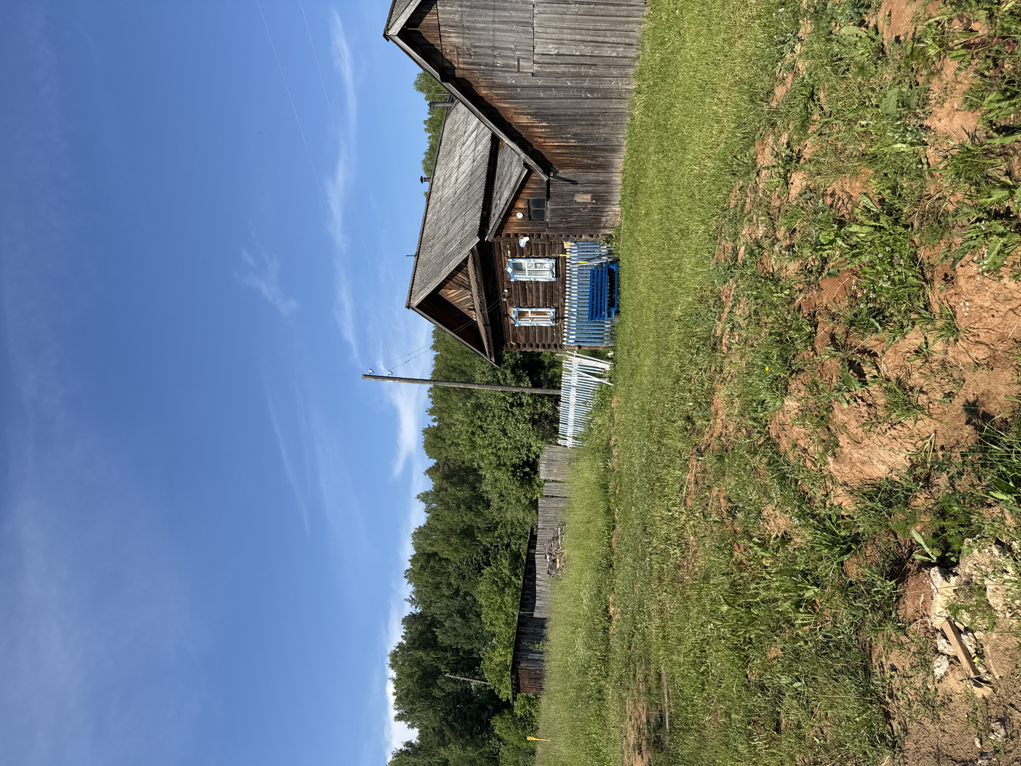 The image depicts a rural scene in the village of Vassyata, Russia, under a bright blue sky with scattered white clouds. In the foreground, a patch of disturbed reddish-brown earth is covered with green grass and some scattered debris. A gentle slope leads up to a well-maintained grassy area.
Dominating the mid-ground are two weathered wooden buildings. The one on the left is a traditional log house with a grey, corrugated metal roof. It features two windows with blue decorative shutters and white trim. In front of the house, a low, light blue picket fence encloses a small area, within which sits a bright blue wooden bench. To the right of the log house is a larger, taller wooden structure, likely a barn or shed, with a similar grey roof and vertical wooden planks for its walls. A wooden fence, composed of rough-hewn logs, stretches across the background. Behind the fence, a dense forest of green deciduous trees forms a backdrop, extending to the horizon. A wooden utility pole with wires is visible to the right of the main house, and another is seen further back to the left amidst the trees. The scene is one of rural simplicity and a peaceful summer day in the Russian countryside.