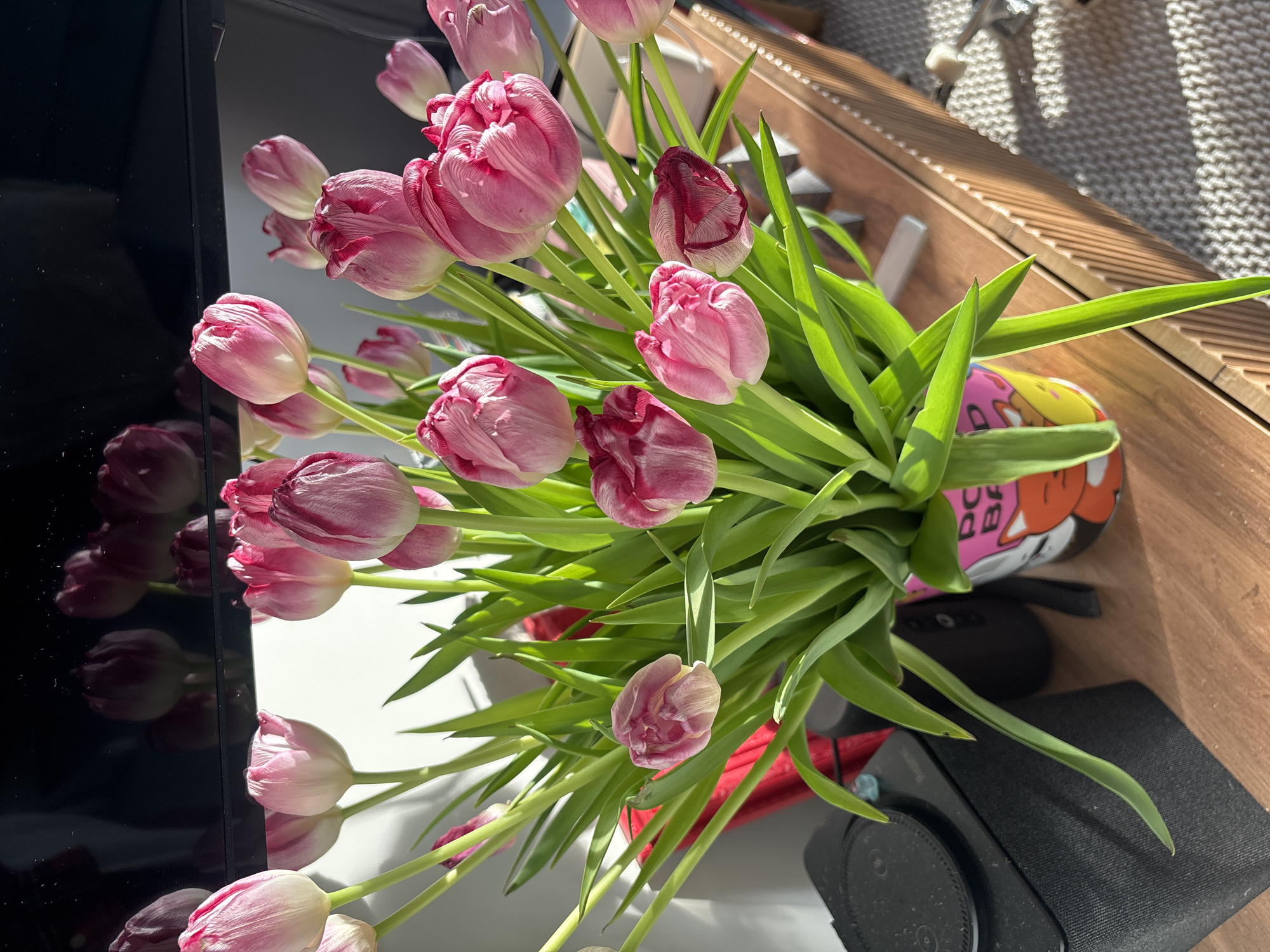 A large bouquet of numerous pink and white tulips with green stems and leaves is centrally positioned in a colorful cylindrical vase. The vase features a cartoonish design with an orange fox-like character and the partially visible text "P O O B A" on a pink and yellow background. This arrangement rests on a light-brown wooden surface, likely a table or shelf, which displays a textured, slatted edge on its right side. Strong natural light illuminates the scene from the left, casting distinct shadows onto a light-colored, textured rug visible in the lower right portion of the image. A large, dark, reflective screen, identified as a television or monitor, occupies the upper background, presenting inverted reflections of the tulips. To the immediate left of the vase, a black electronic device with a textured circular top and a visible "Yandex" logo is situated. Additional background elements include a partial red object behind the vase and a small blue object near the electronic device. The scene is an indoor domestic environment located in Krasnoyarsk, Russia.
