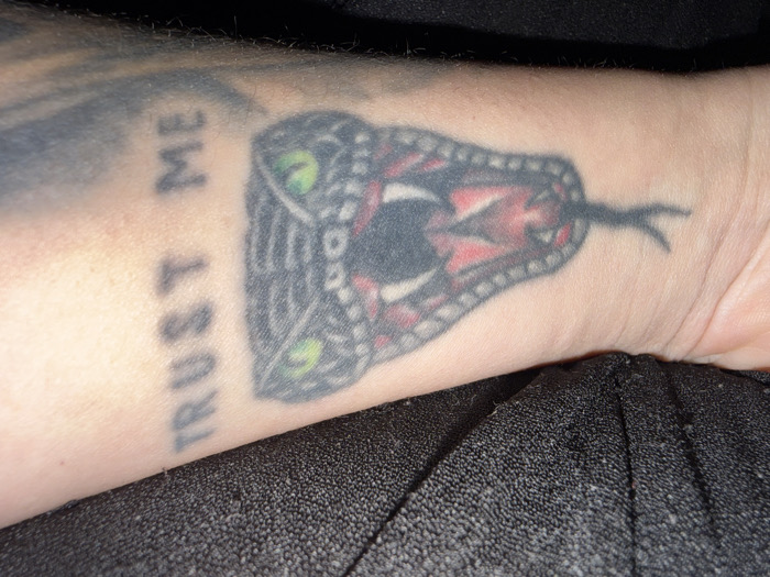 The scene, located in the city of Polski Izvor, Bulgaria, depicts a close-up view of a light-skinned human left forearm and wrist area. A prominent tattoo on the wrist features a stylized snake head oriented towards the hand, with an open mouth revealing fangs and a bifurcated black tongue. The snake head is primarily dark grey, with vivid green eyes and red accents on its inner mouth and scale-like patterns. Proximal to the snake head, the words "TRUST ME" are tattooed vertically along the forearm in faded, dark uppercase letters. The lower right portion of the image is occupied by textured, dark grey or black fabric, likely clothing or upholstery. No specific actions or interactions are visible.