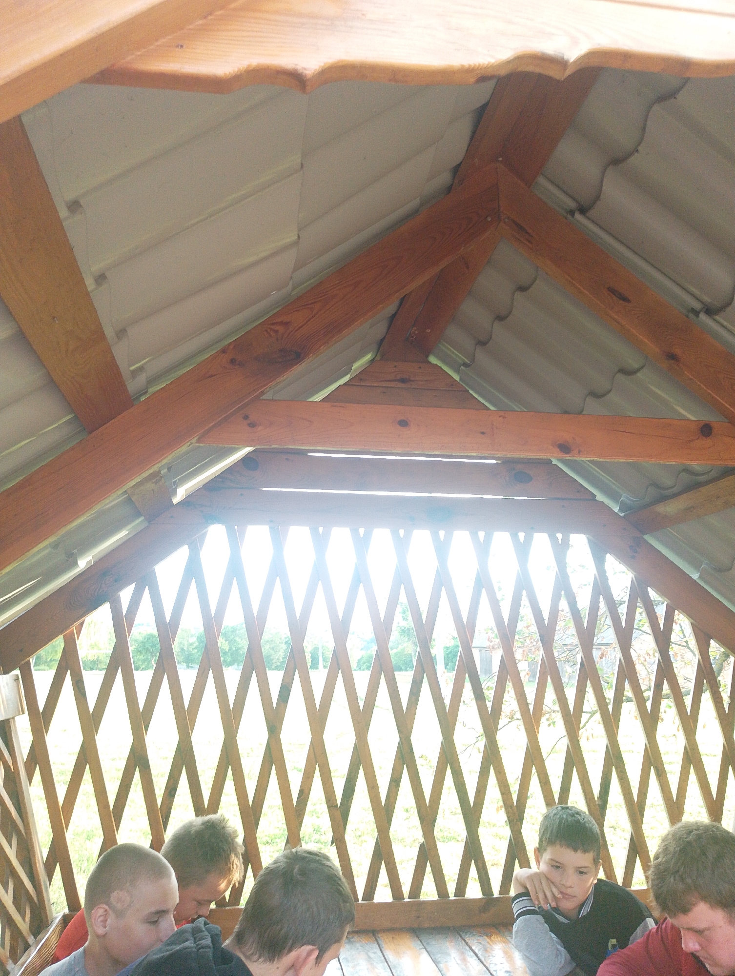 A group of young males are seated at a wooden table under a wooden-beamed gazebo with a corrugated roof. The gazebo has a latticed wooden wall. The background shows greenery, suggesting an outdoor setting, possibly in the village of Ustyvytsia, Ukraine, given the user prompt. Sunlight beams through the latticework, creating a bright, slightly overexposed effect in the center of the image. The males are mostly looking down at the table or away from the camera, appearing to be engaged in a casual activity. One male in the foreground is leaning his head on his hand, while another is looking down at his hands. The overall scene depicts a relaxed gathering in an outdoor recreational area.