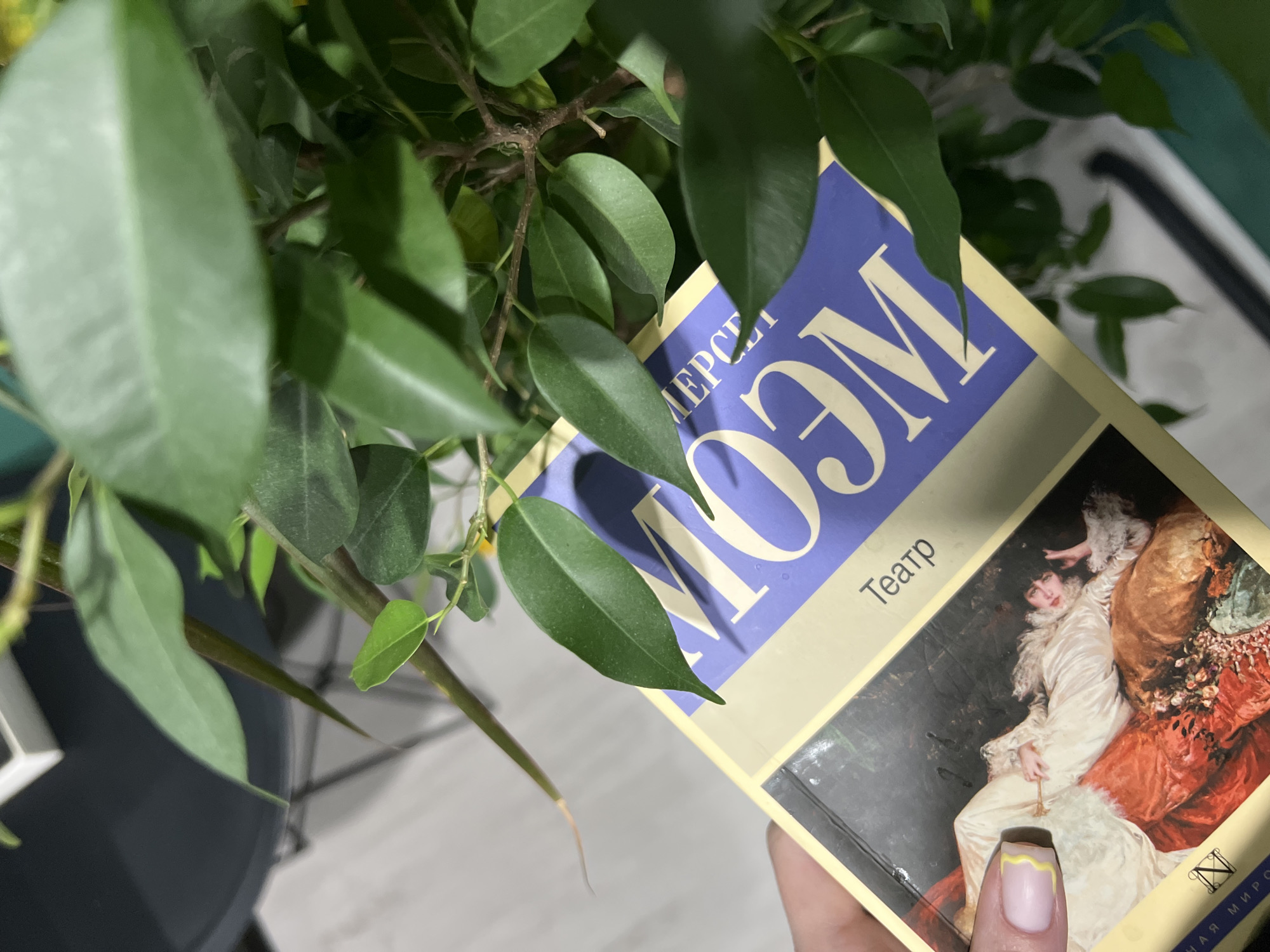 The image shows a close-up view of a book with the title "MO3M" in Cyrillic, partially obscured by green leaves. The subtitle is "Teatr," which translates to "Theater." The book cover features a painting of a woman in a white dress. A human hand is visible holding the book, with a painted fingernail. The leaves appear to be part of a plant. There are no discernible indicators of the city of Kazan, Russia within this image.