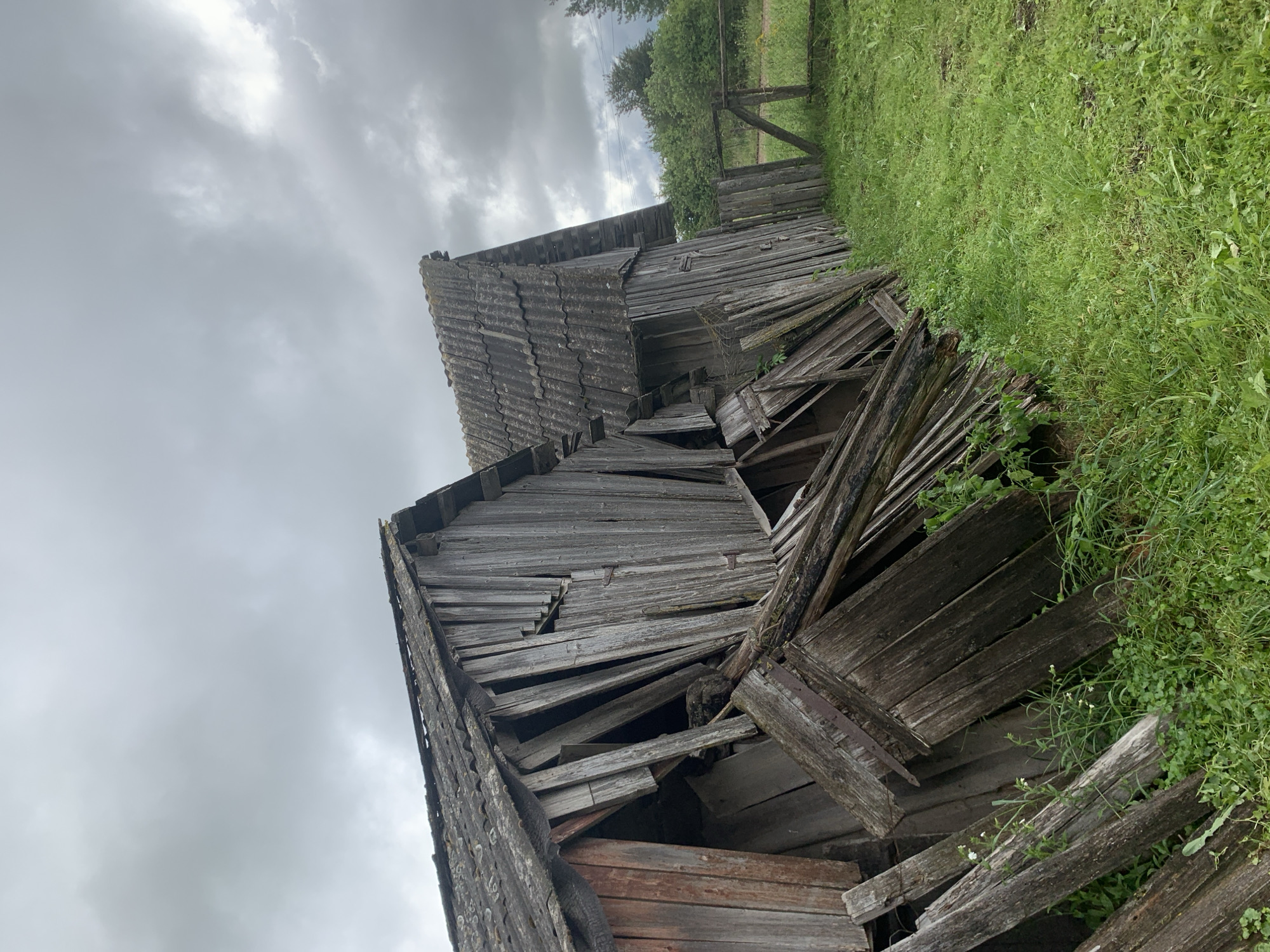 The image depicts two dilapidated wooden structures with corrugated roofs, positioned in a rural outdoor environment. The buildings exhibit significant structural damage, with walls leaning and appearing to be on the verge of collapse. Debris from the structures, primarily wooden planks, is scattered around their bases and in the foreground. The structures are situated on a grassy area, with overgrown vegetation and some small wildflowers growing among the debris. A wooden fence, also appearing weathered and in disrepair, is visible to the right of the structures, separating the area from a line of trees and bushes in the background. The sky is overcast with heavy, gray clouds. The scene suggests abandonment or neglect in a rural Belarusian setting, possibly within the Відзаўскі сельскі Савет region. There are no people or animals visible in the image.