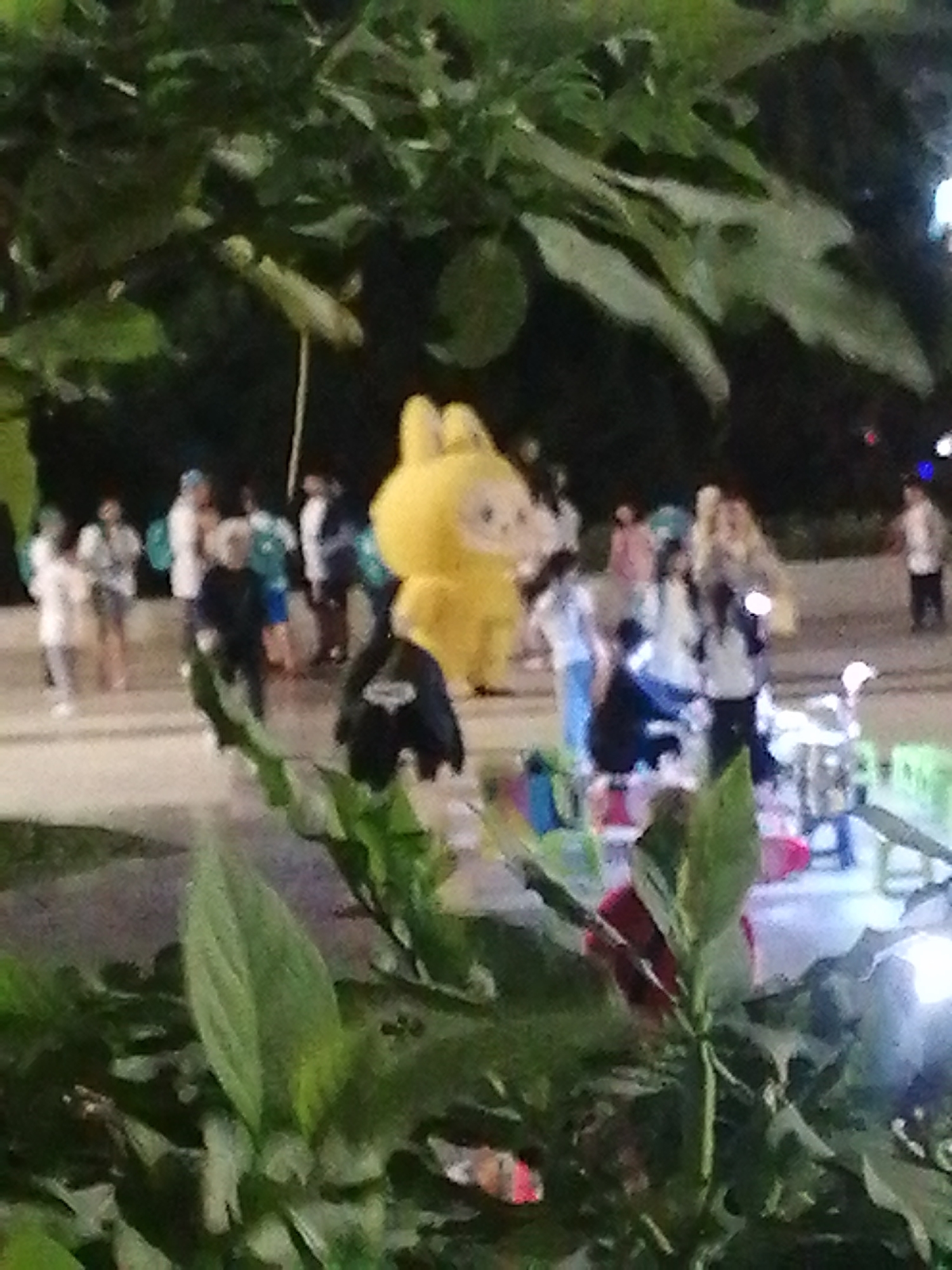 The image depicts a blurry, nighttime scene in Da Lat, Vietnam, likely an outdoor public space such as a park or plaza. In the foreground, out-of-focus green foliage partially obscures the view. In the midground, a person in a yellow mascot costume, appearing to be a cartoon character with large ears and eyes, stands prominently. Behind the mascot, a group of individuals are visible, some appearing to be standing or walking. The background is dark with scattered lights, suggesting artificial illumination from streetlights or buildings. The overall quality of the image is low, with a lack of sharp detail and a grainy texture due to the low light conditions and likely motion blur. The presence of the mascot and the gathering of people suggest a potential event or festival taking place.