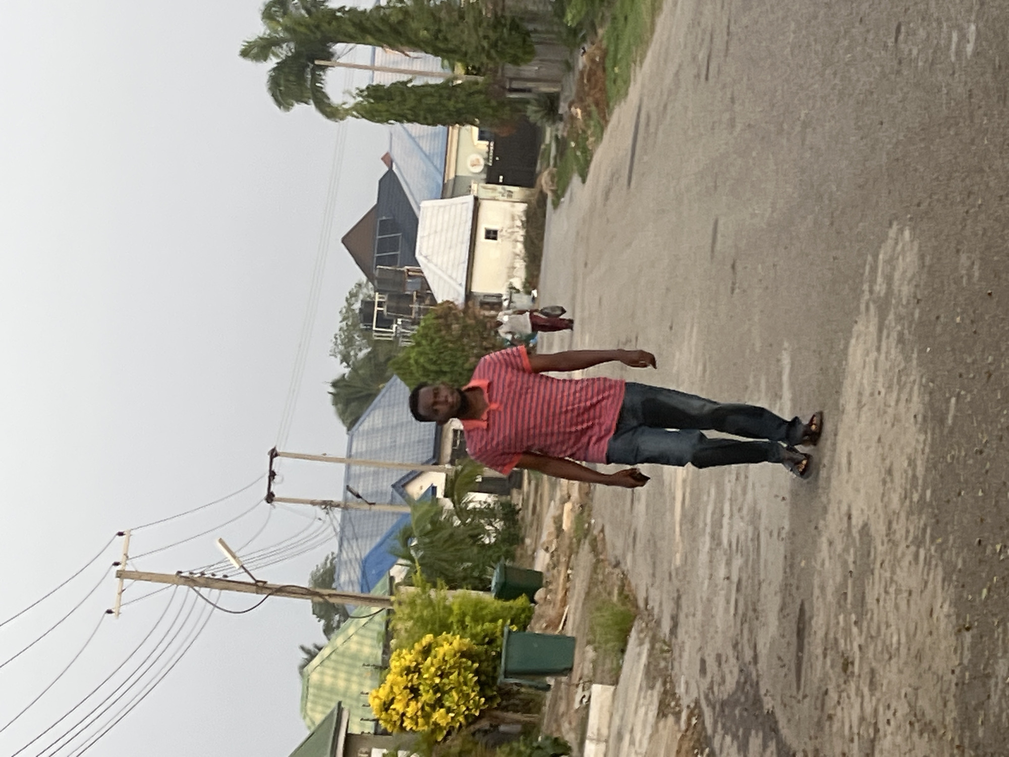 A man stands on a paved road in a residential area. He is wearing a pink and red striped shirt, blue jeans, and sandals. He appears to be holding a small, dark object in his right hand. The road shows signs of wear and tear.
The background includes various houses with roofs of different colors, including blue, green, and brown. Power lines and poles are visible on the left side of the frame. Trees and shrubs are scattered throughout the scene, adding greenery to the environment. The sky is overcast.
Given the architectural style of the buildings, and based on the typical environment of Abuja, Nigeria, the scene is likely located in a suburban area of Abuja.