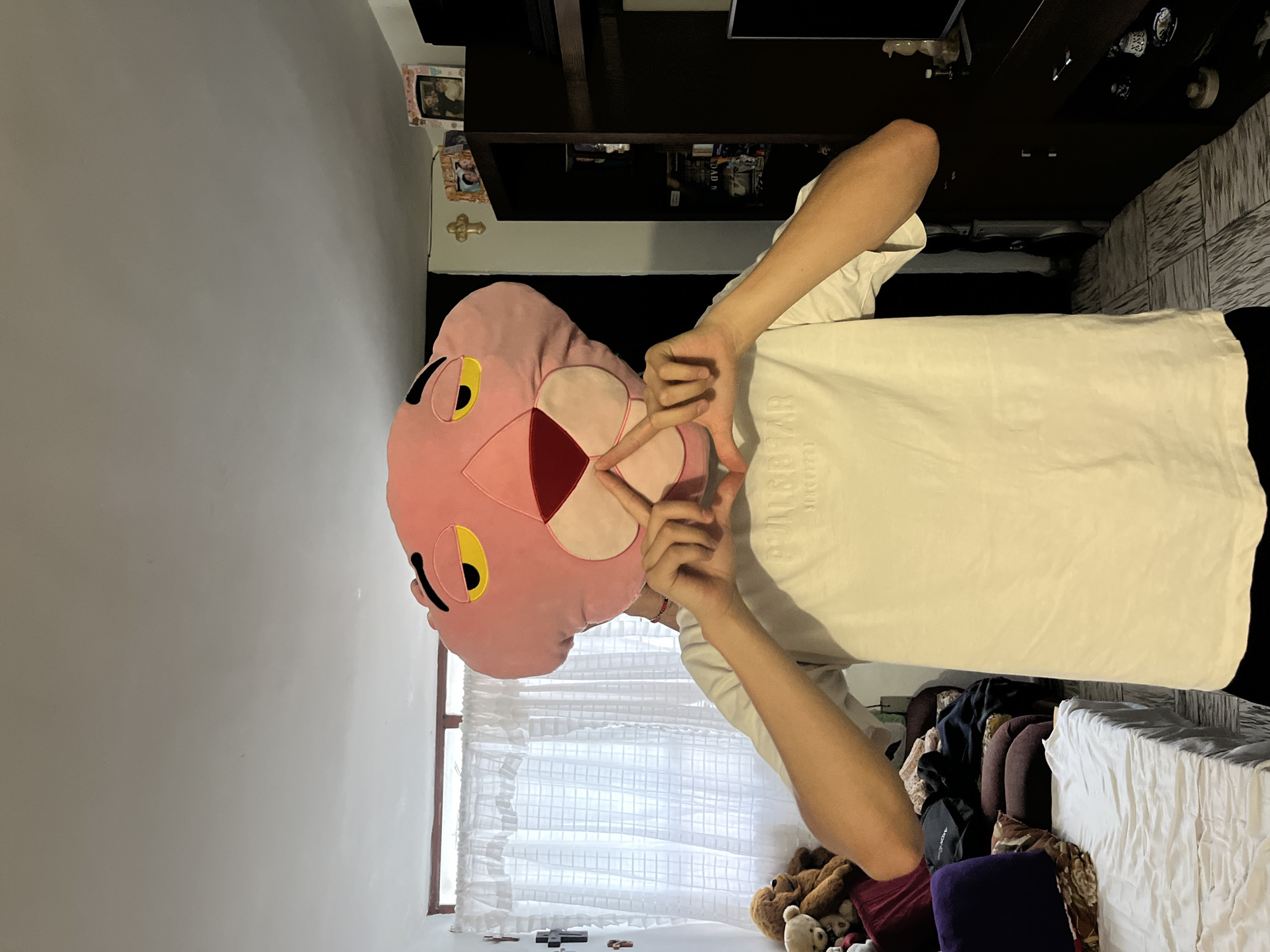 The photograph depicts a person holding a pink panther plush toy in front of their face. The person is wearing a white t-shirt. The background includes a room with a bed, a window with white curtains, and a shelf with various objects. The exact location in the city of Unknown, Unknown cannot be determined from the image.