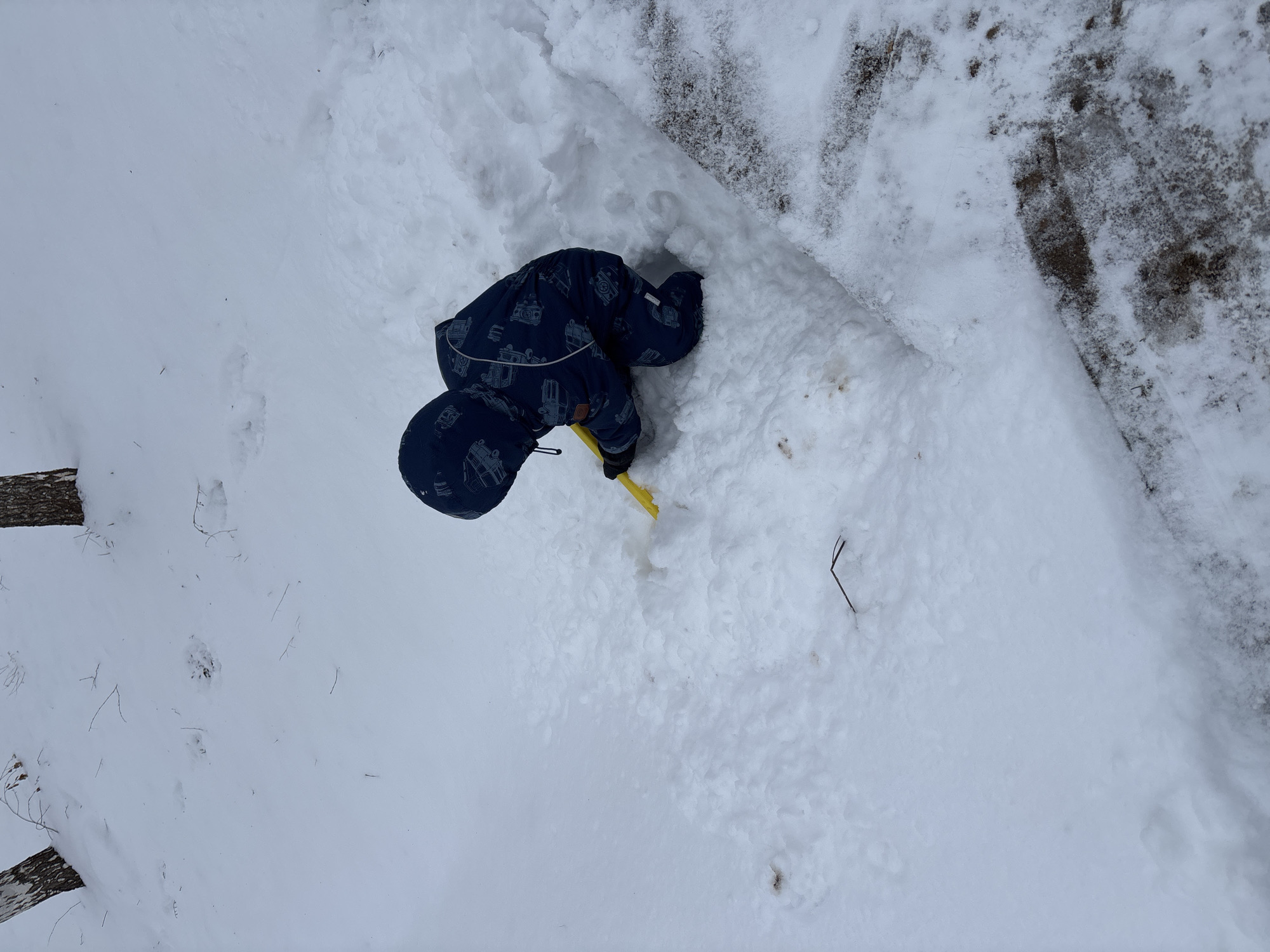 A child in a dark blue snowsuit with a pattern of vehicles is using a small yellow shovel to move snow from a snowy area adjacent to a dirt and snow covered surface. The location appears to be an outdoor area in Ферма, Russia, based on the provided information. The snow is fresh, and there are scattered twigs and debris in the snow-covered area.