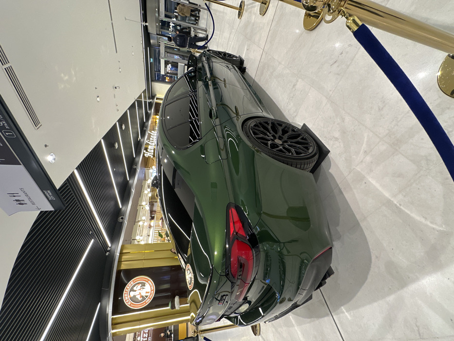 An emerald green sedan, likely a BMW M5 model, is centrally displayed on a black mat within a modern, brightly lit indoor commercial complex. The vehicle features a subtle rear spoiler, deeply tinted windows, and black multi-spoke alloy wheels. It is cordoned off by a series of polished gold stanchions connected by blue velvet ropes, restricting public access. The floor consists of large, light-colored, reflective tiles, while the ceiling incorporates linear strip lighting and dark, parallel slats.
In the left background, a prominent gold-colored sign for "HAMDIZADE" features a circular emblem depicting a person's profile, identifying a restaurant. Overhead, a directional sign indicates "RESTAURANTS" and "TASHKENT CITY PARK," confirming the location as within a commercial area of Tashkent City Park in Tashkent, Uzbekistan. To the right, an entry point is visible, equipped with multiple metal detector gates. Several indistinct figures, including one individual in a dark uniform standing near the gates, and other pedestrians, are present in this background area. No direct interactions with the displayed vehicle are observed.