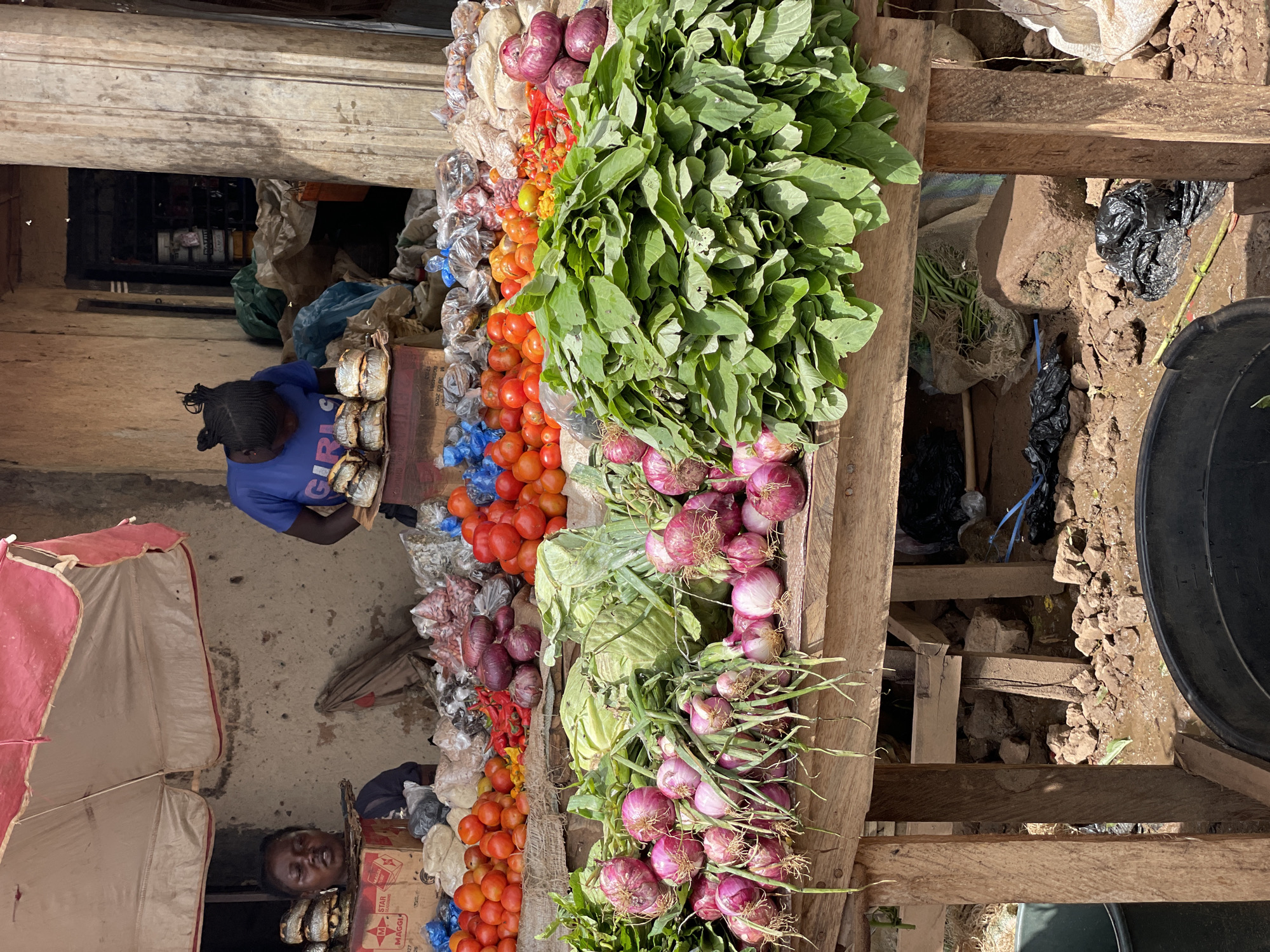 A woman wearing a blue t-shirt with "GIRLS" printed on it is behind a market stall in Mbar, Nigeria. She is arranging fish for sale. In front of her, a wooden table displays a variety of fresh produce including tomatoes, onions, cabbage, and leafy greens. The market appears to be outdoors, with a red and white striped canopy providing shade. The ground is muddy and littered with rocks and plastic bags. In the background, another person is visible in the stall.