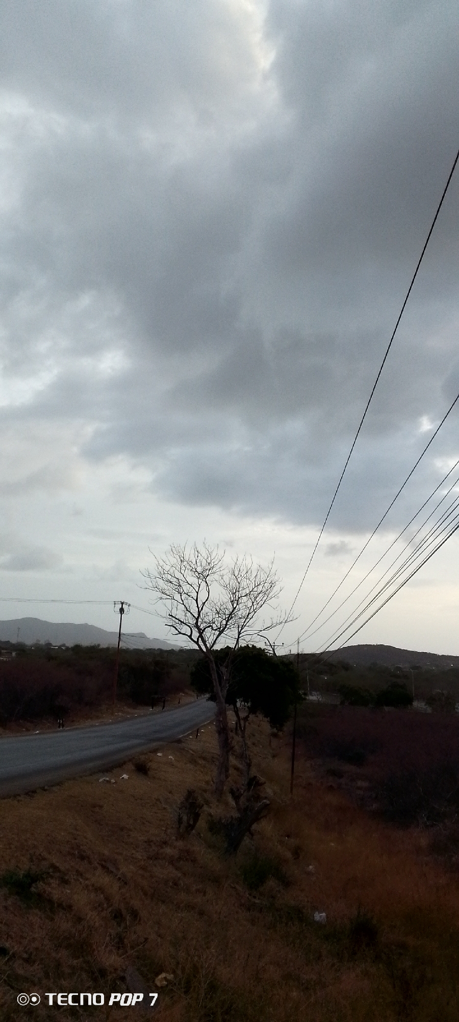 The image depicts an overcast day in a rural or semi-rural location. A narrow asphalt road runs along a slight embankment in the middle ground. To the left of the road is brown vegetation, while to the right is a slope covered in similar vegetation. A bare tree stands prominently on the right side of the road, with some green foliage visible behind it. Power lines are strung across the upper right portion of the sky. Hills can be seen in the distance. The sky is filled with heavy, gray clouds. The location is inferred to be in the vicinity of Altagracia, Venezuela, though specific markers of the city are not present in the frame. No people are visible.