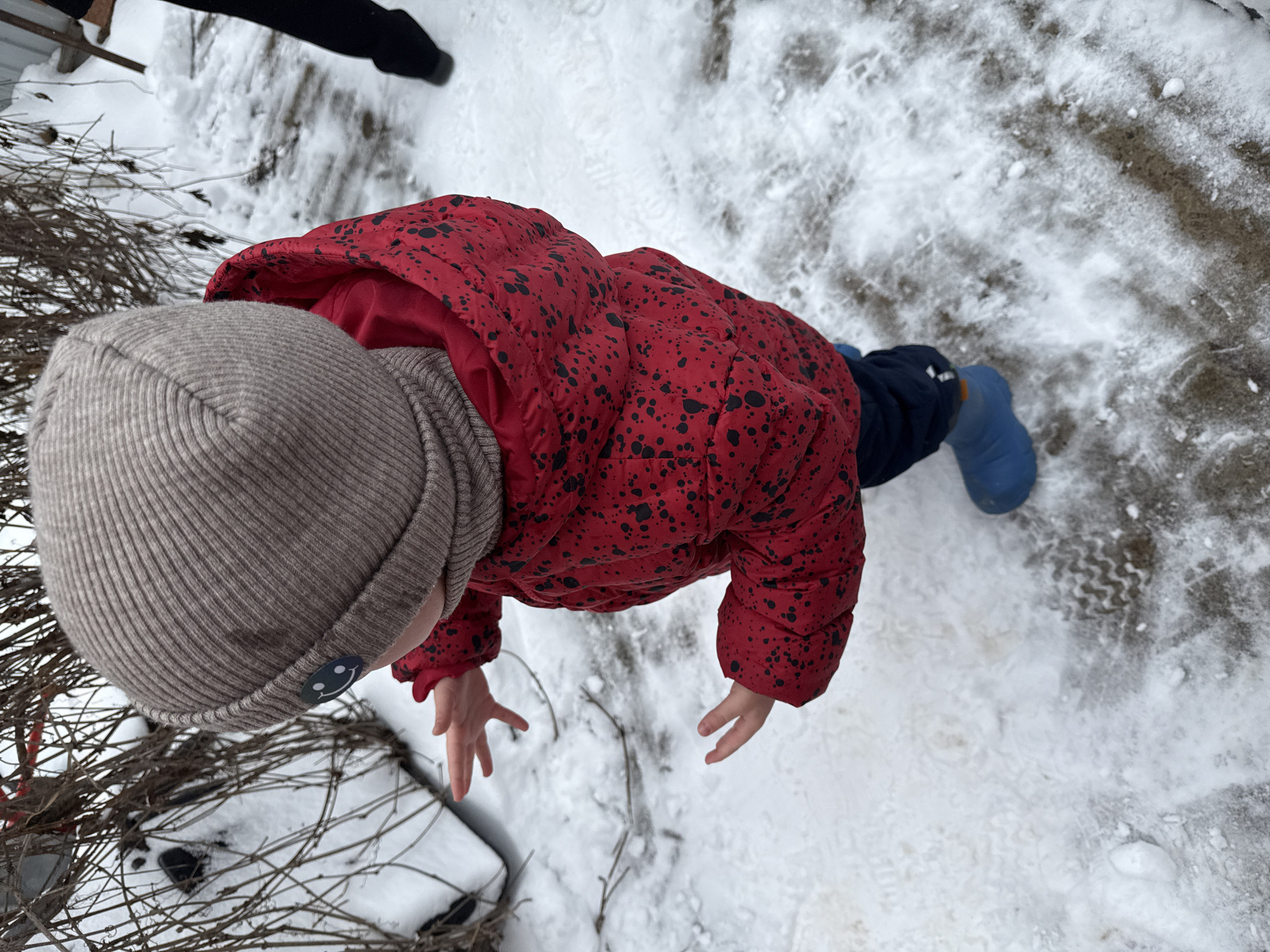 A child wearing a red jacket, grey hat, blue pants, and blue boots is crawling on snow-covered ground. The location is identified as Luzhkovo, Russia. Bare branches are visible near the child. Another person wearing dark-colored pants is seen in the upper part of the image. The ground is a mix of snow and partially visible dark material.