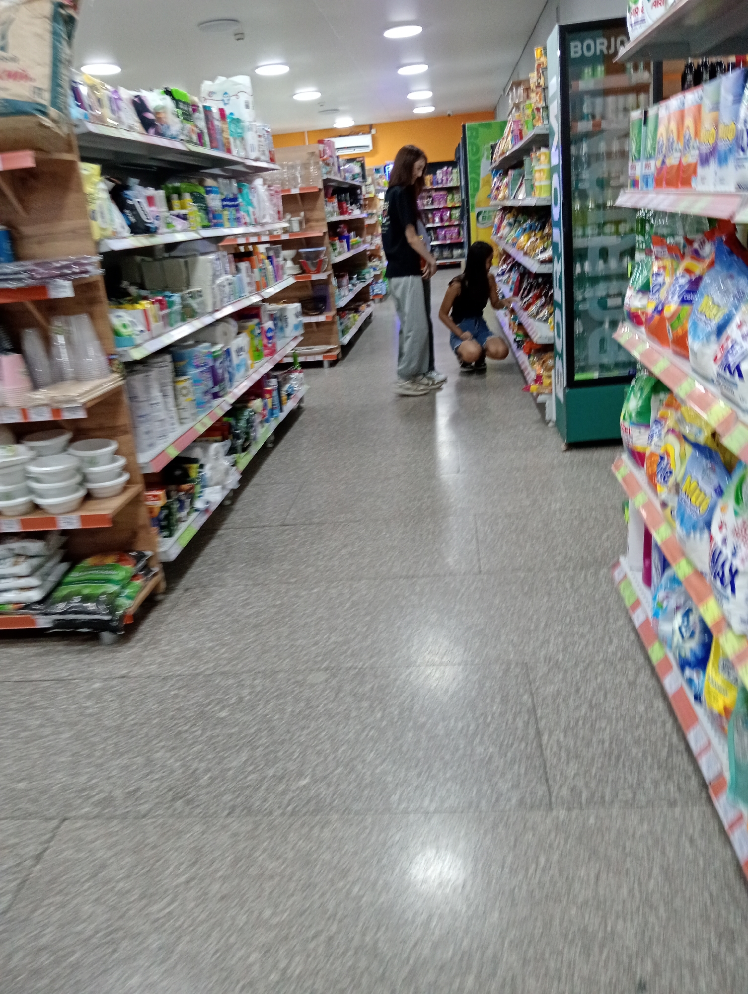 Two people are browsing in a brightly lit supermarket aisle. The subject on the left is a young woman with long brown hair, wearing a black t-shirt and grey sweatpants, standing and looking at the shelves. To her right, a young woman with dark hair, wearing a black tank top and denim shorts, is crouched down, examining items on a lower shelf. The aisle is lined with shelves stocked with various household products, including cleaning supplies, paper goods, and food items. The flooring is a speckled grey. To the right, a refrigerated display case holds drinks. The overall impression is of a typical shopping trip. Visible text includes "BORJO" on the green display case and various product labels on the shelves. The lighting suggests it is daytime, and there are no indications of weather conditions.