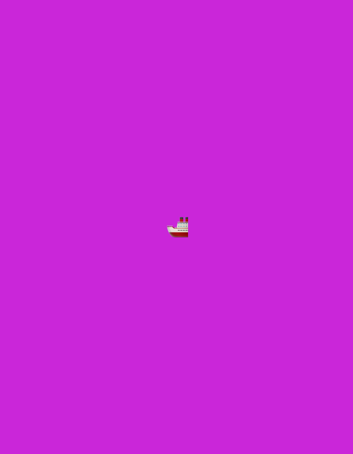 A single small, cartoon-like image of a cruise ship is centered against a solid purple background. The ship has a red hull, a white superstructure with small windows, and two red smokestacks.