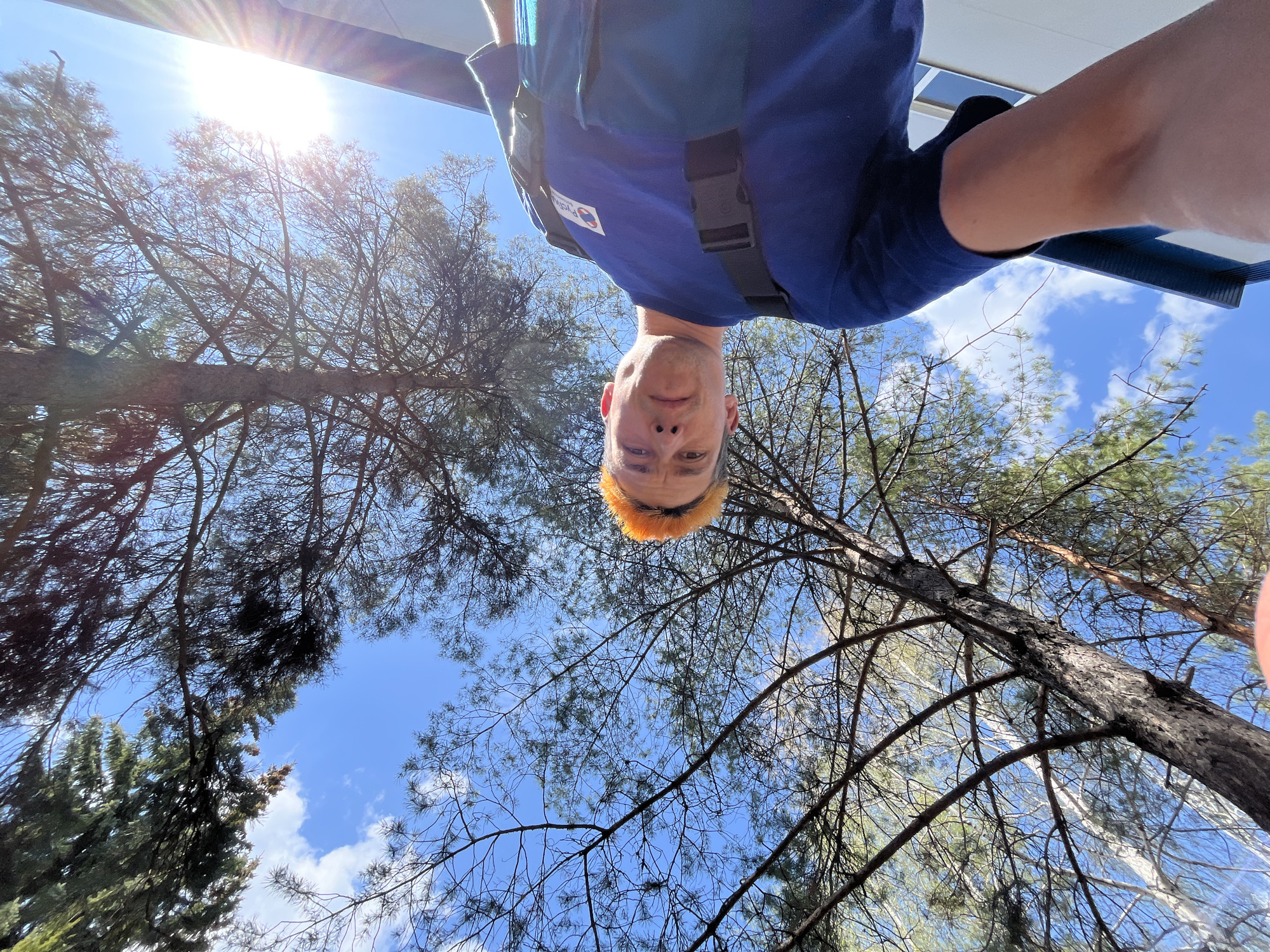 A man in a blue shirt and dark blue vest is seen from a low-angle perspective, looking down at the camera. His hair is ginger-colored. Behind him are treetops against a blue sky with scattered white clouds. The sun is visible in the upper left, causing lens flare. The location is in Chaikovsky, Russia.