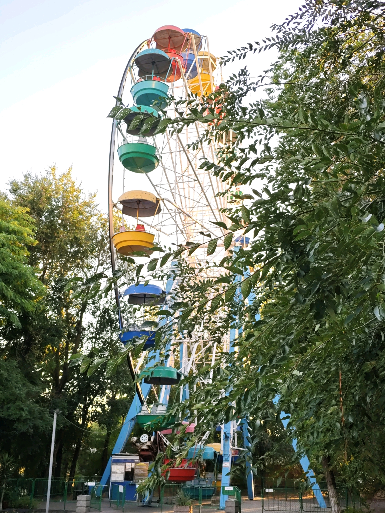 A Ferris wheel stands partially obscured by the branches of green trees in a park. The Ferris wheel has a white metal structure and colorful gondolas, including yellow, red, green, blue, and pink. The Ferris wheel is located in Rostov-on-Don, Russia. The sky is bright and appears to be late afternoon or early evening. The ground is a paved walkway and there are fences and some booths at the base of the Ferris wheel. The scene appears to be an amusement park or recreational area.
