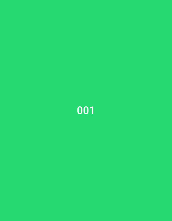 A number "001" is displayed in white, sans-serif font in the center of a bright green background.