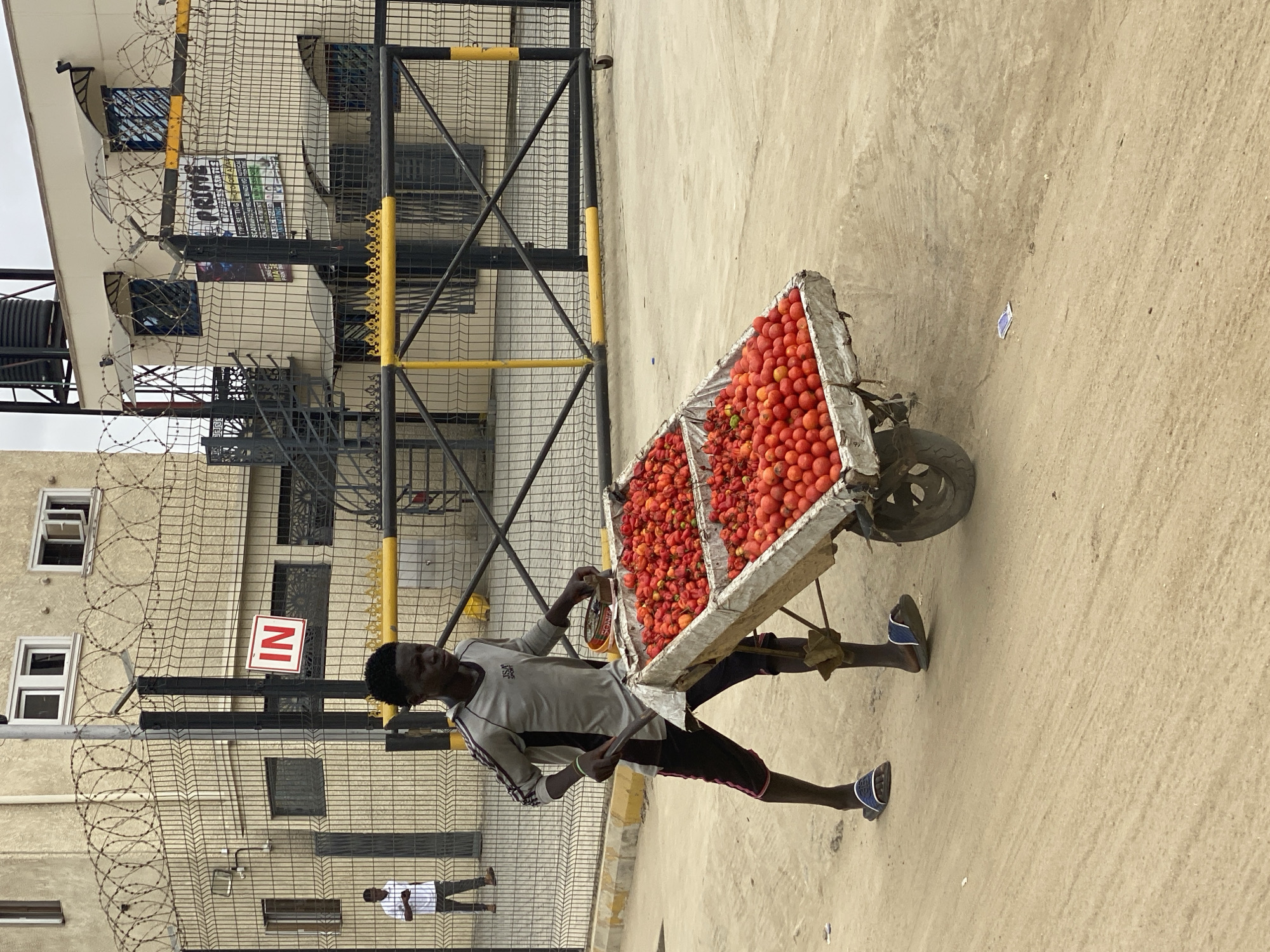 A man stands alongside a wheeled cart filled with red fruits, likely tomatoes, on a paved surface in Ado, Nigeria. He wears a light-colored, long-sleeved shirt with dark stripes on the sleeves, dark shorts with a pink stripe, and blue sandals. He uses a long pole, held with both hands, to maneuver the cart. Behind him is a tall, light-colored building with barred windows, topped with barbed wire and a black iron fence. A sign with the letter "N" in red is visible. Another person wearing a white shirt and dark pants walks in the background. The paved surface is sandy and slightly uneven.
