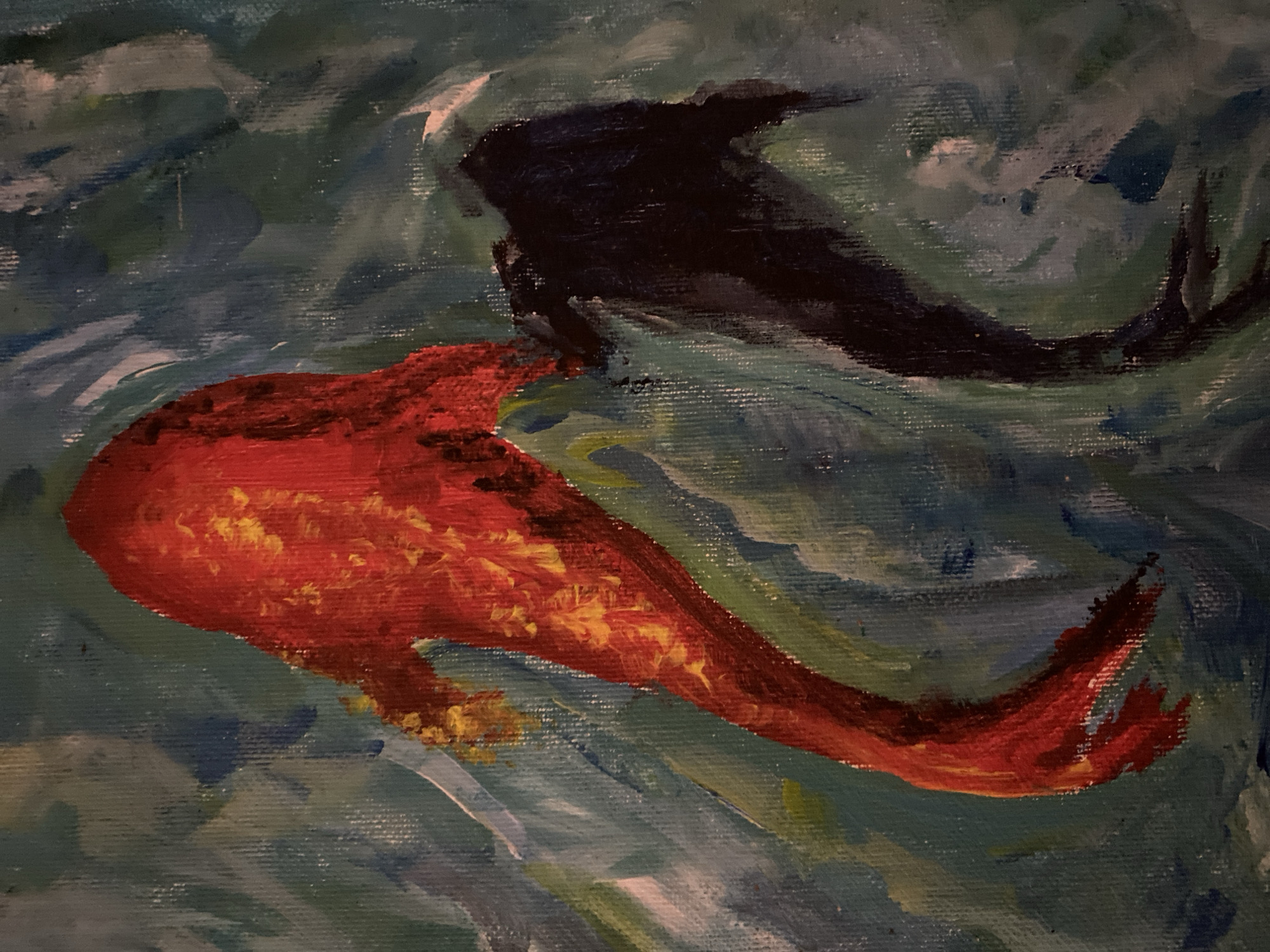 The image is a painting depicting two fish swimming in water. One fish is a vibrant orange-red color with hints of yellow. The other fish is a dark, almost black color. The water is rendered with strokes of blue, green, and white, suggesting movement and depth. The style appears impressionistic. The specific location in Budva, Montenegro, is not discernible from the image itself. No people, specific objects or interactions are seen.