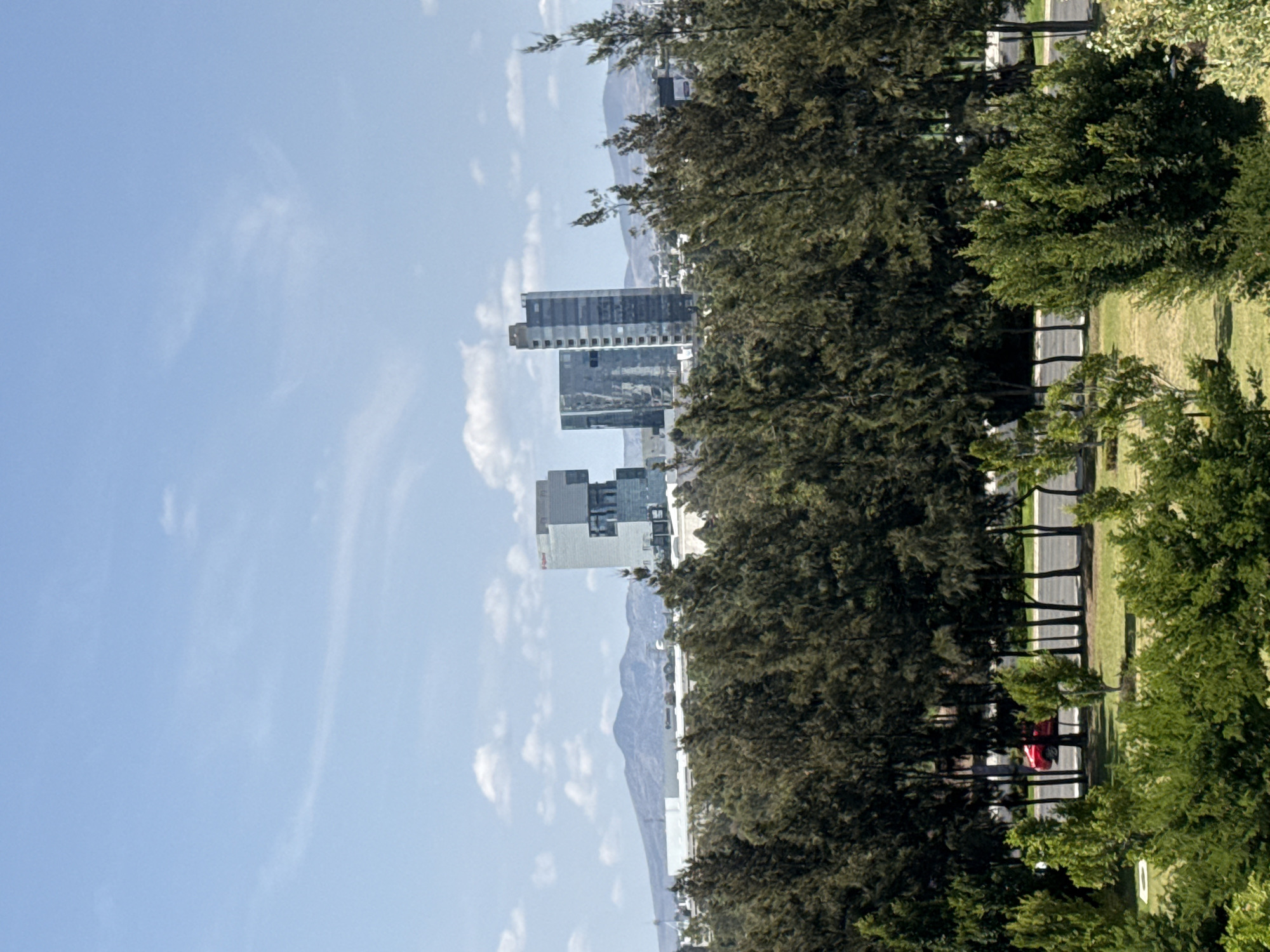 The image shows a cityscape with modern buildings against a backdrop of distant hills, viewed from what appears to be a park. A row of trees lines a path or road, with hints of a red car visible through the foliage. The sky is pale blue with scattered clouds. The location is Unknown, Unknown.