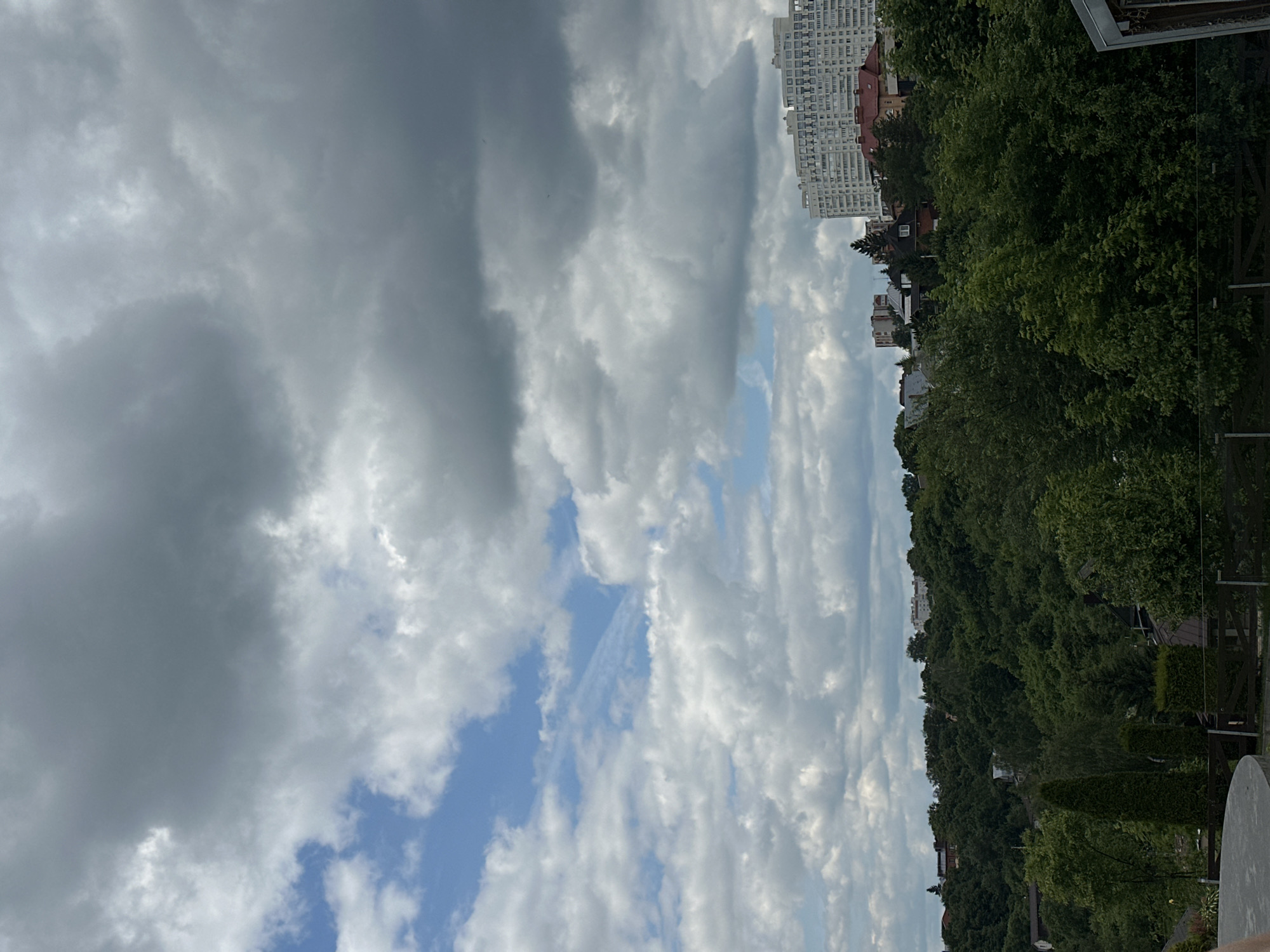 This media file presents a panoramic view from Vladimir, Russia, showcasing a sky filled with a mix of clouds, urban buildings, and a lush forested landscape.
The upper portion of the image is dominated by the sky, characterized by large, textured grey and white clouds. Patches of clear blue sky are visible in between the cloud formations, indicating variable weather conditions.
Along the horizon, several buildings are visible. A tall, light-colored, multi-story residential building with numerous windows stands prominently on the left side. Other smaller buildings with reddish-brown roofs are partially obscured by trees.
The lower half of the image is densely covered with vibrant green deciduous trees, suggesting a hilly or park-like area. In the immediate foreground on the right, elements of a human-made structure are present, including a dark metal railing or fence and a rounded, light-colored object, possibly a table or umbrella base. Two neatly trimmed conical evergreen shrubs are also visible among the other trees.
The scene depicts a daytime view. No people or specific activities are observable. There is no visible text in the image.