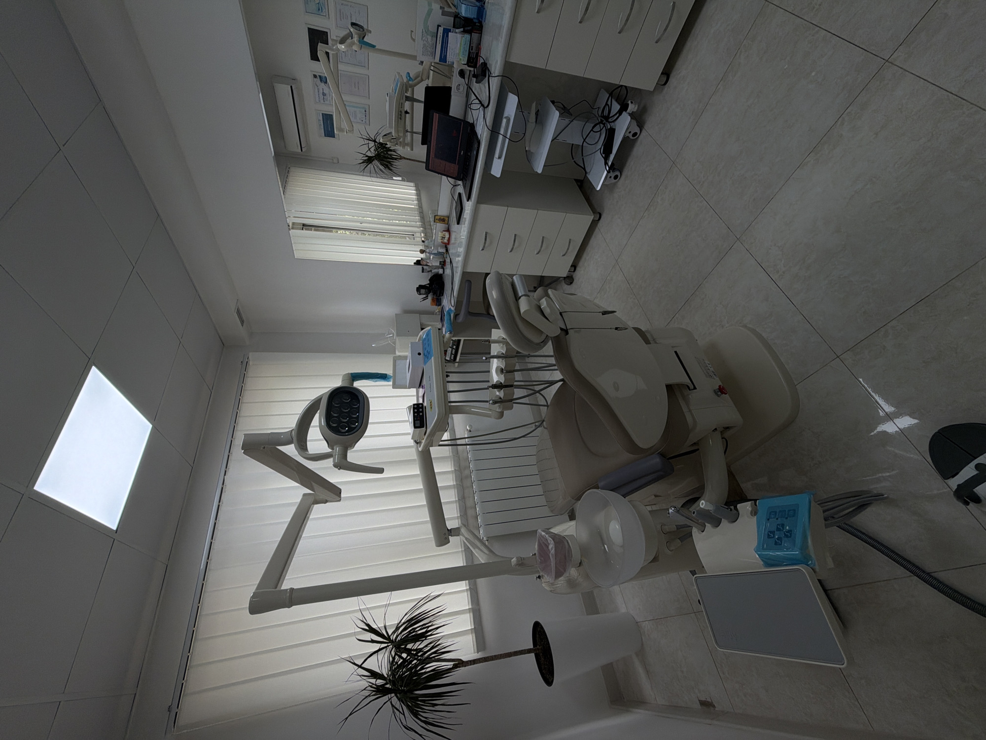 The image shows an interior shot of what appears to be a dentist's office. The focus is on a dental chair positioned in the center-right of the frame. It features an overhead light fixture, a side table holding dental equipment, and various hoses and attachments. Behind the dental chair, there's a window with horizontal blinds, and a plant in a white pot is placed near the window.
In the background, there are cabinets and countertops with various items, including a computer setup with a laptop. The flooring appears to be tiled. The overall impression is of a clean and organized dental clinic.
The location and city of Tbilisi, Georgia are not explicitly ascertainable from the details in this image.