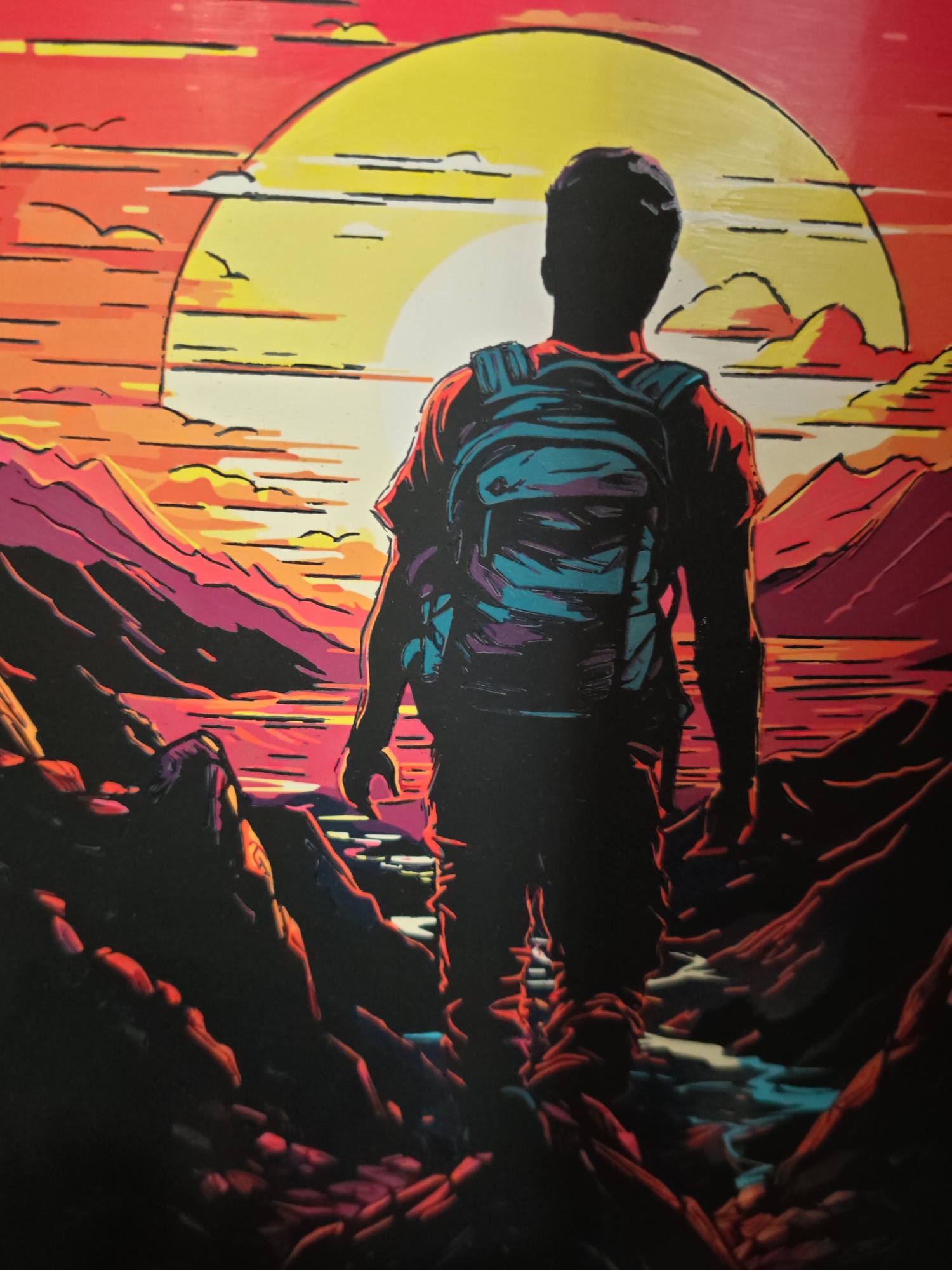 This is a digital painting of a person with a backpack standing on a rocky outcrop, looking out at a sunset over a body of water and mountains. The scene is depicted in a stylized, graphic art style with bold colors and sharp lines. The sun is a large, yellow disc with orange and pink hues radiating from it, suggesting it is setting or rising. The sky is a gradient of orange, pink, and yellow, with stylized clouds. The mountains in the distance are painted in shades of red and purple, with dark shadows. The water below reflects the colors of the sky and mountains. The person in the foreground is silhouetted against the sunset, wearing a backpack with teal and black accents. The rocks in the foreground are dark and jagged, with highlights of red and orange. The overall impression is one of adventure and natural beauty.