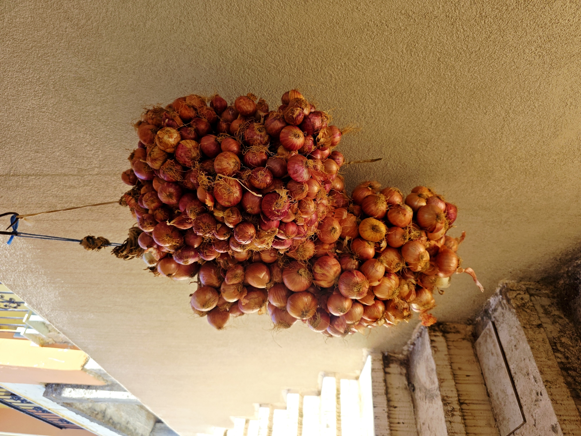 A close-up, eye-level shot captures two bunches of onions, tied together with string and suspended from a rope against a textured, light brown wall. The onions, varying in size, are predominantly a reddish-purple hue, with some displaying lighter, golden-brown skins. Their papery skins and dried roots are visible. To the left of the onions, a white stone staircase ascends, its steps showing signs of wear and grime. Above the staircase, a portion of a building is visible, painted in peach and white with a dark railing. The lighting suggests it is daytime, with harsh shadows cast by the sun. The scene is located in Elos, Greece.