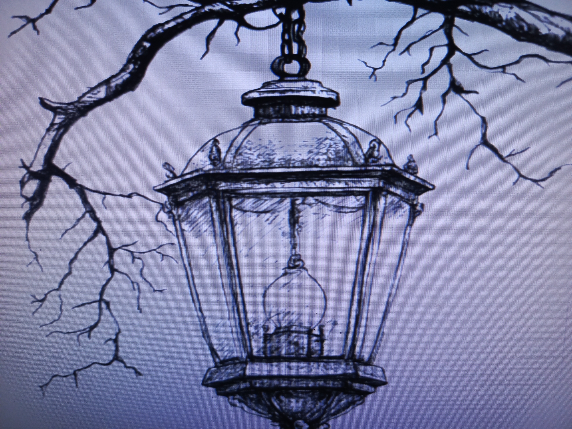 The image depicts a hanging lantern suspended from a tree branch. The lantern has a six-sided, cage-like structure with a bulb visible inside. The tree branch is bare, with several smaller branches extending from it. The scene is rendered in a monochrome, sketch-like style. The location is unknown.