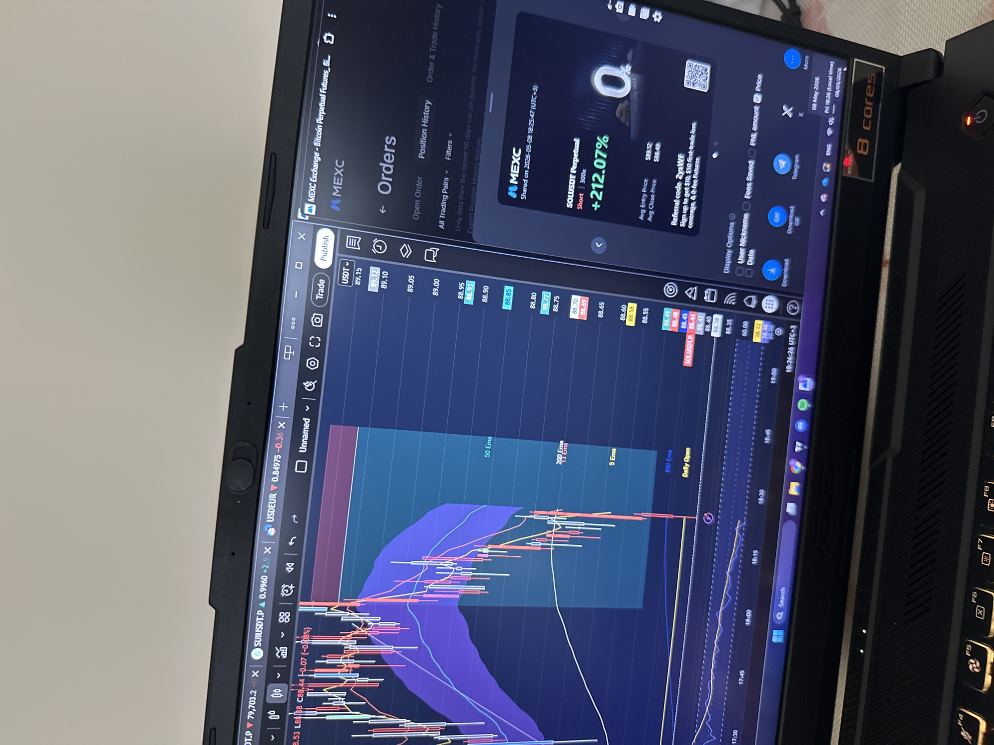 The image shows a laptop screen displaying cryptocurrency trading charts on the MEXC exchange. The SOLUSDT Perpetual contract is highlighted, showing a profit of +212.07%. The charts indicate price fluctuations with various technical analysis indicators like EMAs (Exponential Moving Averages) overlaid. An order panel is visible on the left side of the screen, and a pop-up with the cryptocurrency details is shown on the right. The laptop is an ASUS ROG model with an 8-core processor. The time displayed on the screen indicates 18:26 local time on May 8, 2026, which corresponds to 18:26:26 UTC+3. The exact location within Varna, Bulgaria, is impossible to determine from the image alone.