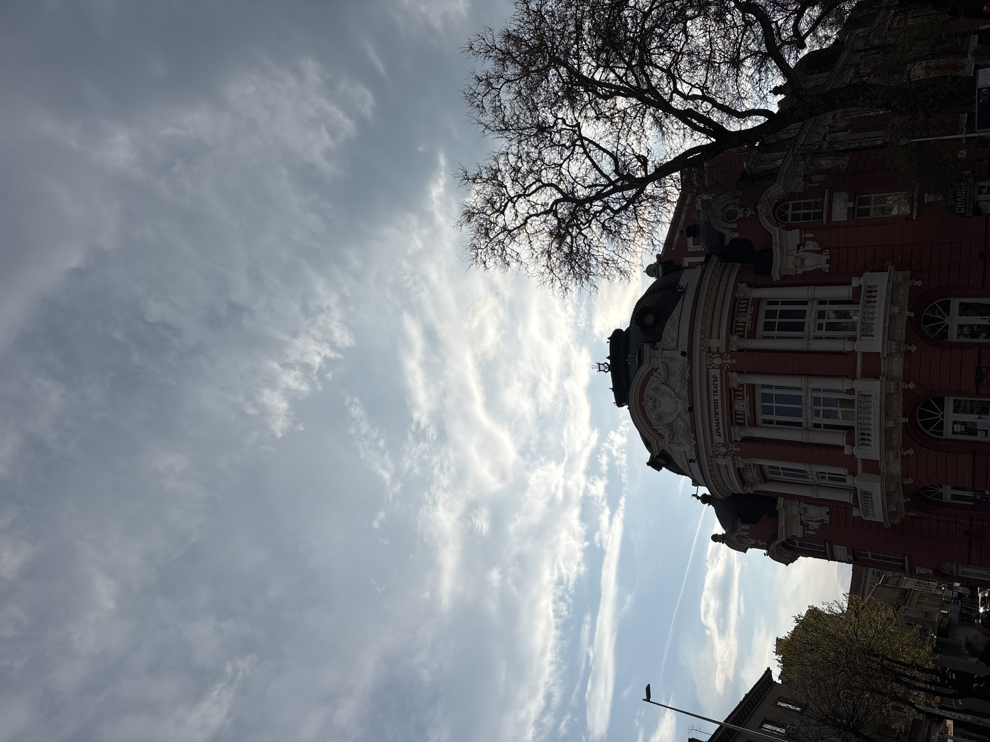 The image, oriented vertically, captures a grand architectural structure under a bright, partly cloudy sky. The main subject is a large, ornate building with striking red walls and extensive white decorative elements, including columns, balustrades, and intricate carvings around windows and cornices. It features multiple windows, some arched and some rectangular, and dark green domed or rounded roof sections.
Prominently displayed in Cyrillic script on the building's facade is the text "ДРАМАТИЧЕН ТЕАТЪР", which translates to "Dramatic Theater". A large, bare deciduous tree with a dense network of branches is silhouetted against the sky, partially obscuring the upper left side of the building. The sky is filled with wispy, elongated white clouds, suggesting a serene daytime setting.
In the lower right portion of the image, parts of a street scene are visible, including a street light pole and another building with a green-leafed tree in front, implying an urban environment. The sunlight appears soft, possibly indicating morning or late afternoon. The overall impression is one of historical grandeur within a city. Given the Cyrillic text and provided context, the location is Varna, Bulgaria. No specific activity or people are clearly visible, presenting a static architectural and sky landscape.