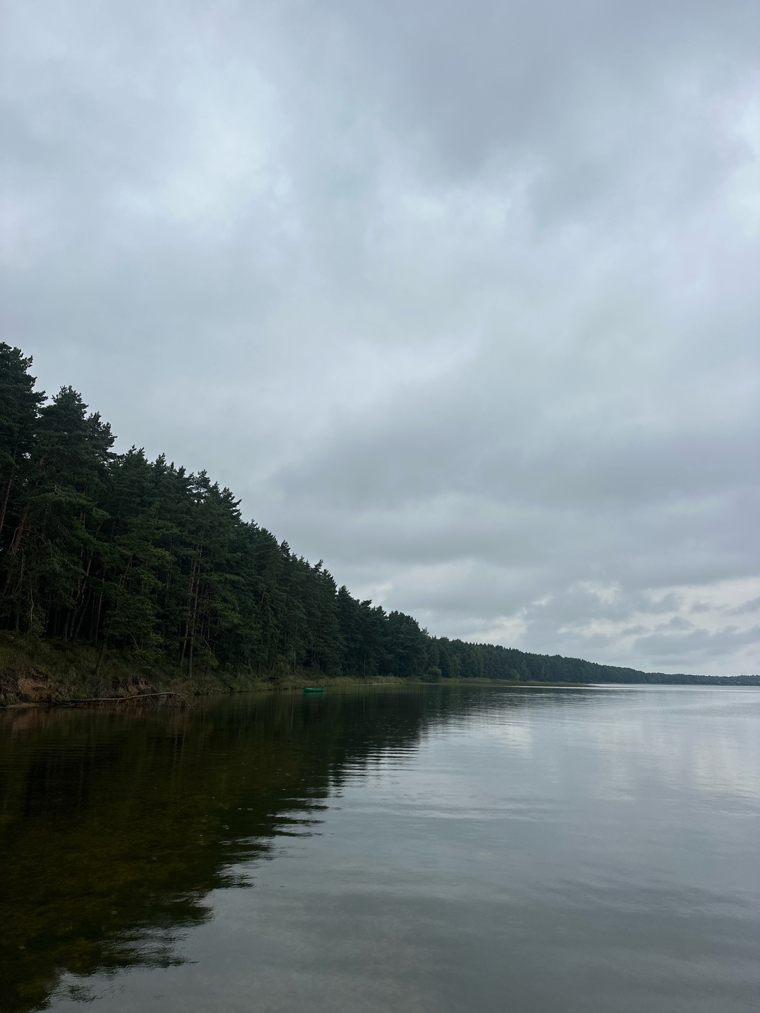 This is a landscape photograph taken on a cloudy day, likely in the Нарацкі сельскі Савет, Belarus region, depicting a serene lake scene. The left side of the image is dominated by a dense, dark green coniferous forest that slopes down to the water's edge. The trees are tall and tightly packed, with their branches extending towards the lake. The shoreline features a sandy bank with some sparse vegetation. The water itself is calm and reflects the overcast sky and the treeline. A small, bright green rowboat is visible near the shore, nestled among the trees. The right side of the image is occupied by a vast expanse of water, stretching towards a distant, hazy treeline under a heavily clouded sky. The clouds are thick and gray, suggesting an imminent rain or generally overcast weather. The overall mood is tranquil and somewhat somber, characteristic of a quiet, natural setting on a subdued day.