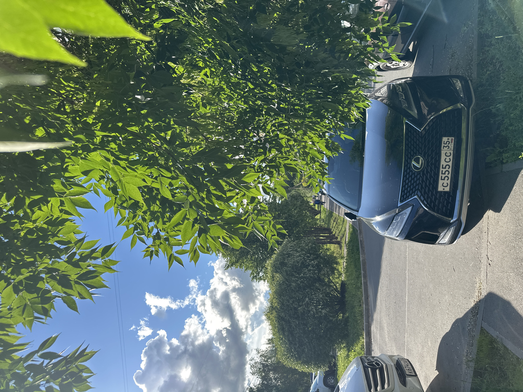 The image depicts a street scene in Rogozkino, Russia, under a bright, sunny sky with scattered white clouds. Lush green foliage from trees, some in the foreground with large leaves and others forming a distant line of trees, frames the view. The sun casts distinct shadows, suggesting it is likely midday.
The primary objects in the scene are cars parked along a paved road. In the foreground, a dark-colored Lexus is prominently featured, its front grille and headlights clearly visible. The license plate of the Lexus reads "c 555 cc 35 RUS". Further down the road, another vehicle, partially visible, has its license plate reading "K674CK 190". Beyond the parked cars, a grassy strip and more trees line the street. In the distance, a few figures can be seen walking, adding a sense of everyday activity to the scene. The overall atmosphere is calm and typical of a residential or suburban area on a pleasant day.