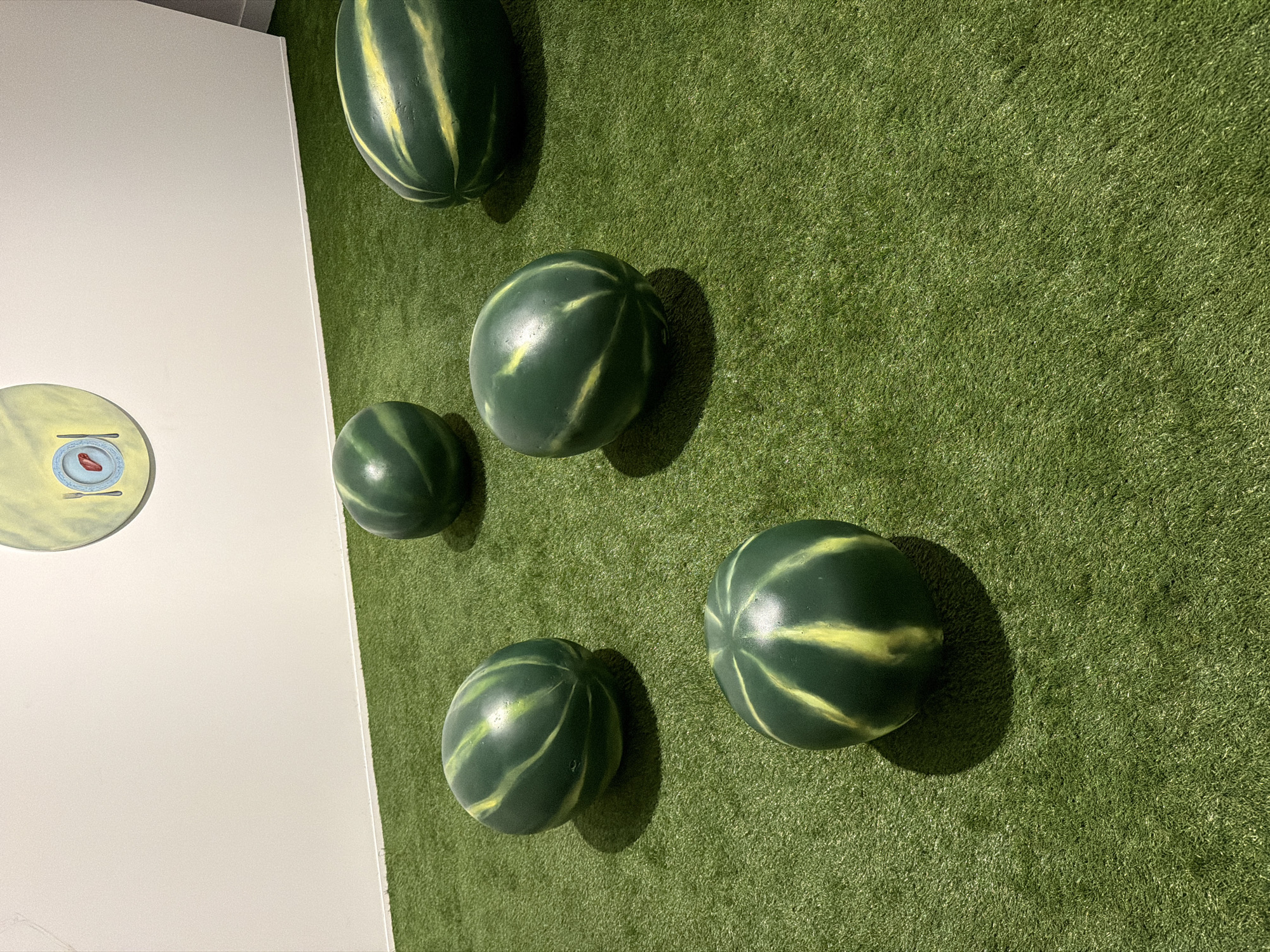 The image captures an indoor scene, likely an art installation or display, featuring several dark green, striped melon-like objects arranged on a bright green artificial turf. Six such objects are visible, varying in size. One large object is positioned at the top of the frame, while five smaller ones are scattered across the lower and middle sections of the turf, casting distinct shadows to their left, suggesting a light source from the right.
The green turf covers a significant portion of the display area, creating a vibrant, uniform background with a textured, grass-like appearance. Adjacent to this green surface, a pristine white wall or raised platform runs vertically along the left side of the frame, occupying approximately one-third of the image.
On the lower left section of the white surface, a circular, light-yellow object is depicted. This object resembles a stylized plate, featuring a small blue-rimmed plate with a red, oval-shaped item (possibly a piece of meat) and a fork resting beside it. This circular imagery adds an unexpected element to the naturalistic, albeit artificial, landscape of melons.
The overall scene is static, devoid of human presence or activity, and is brightly lit, emphasizing the colors and textures of the installation. The juxtaposition of the artificial grass, the oversized fruit, and the stylized plate creates a surreal and visually engaging environment. No text is visible in the image.