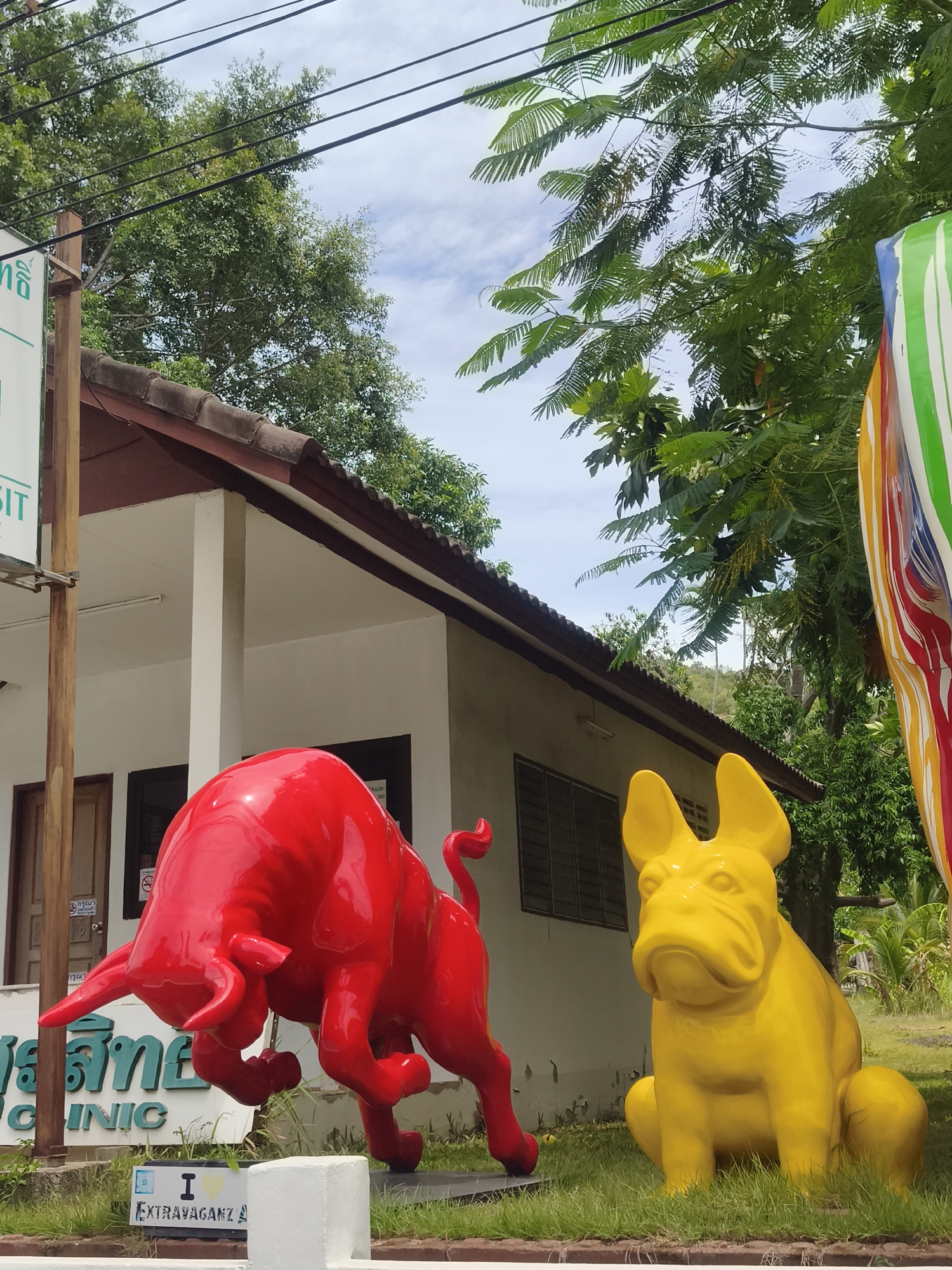 Two large, brightly colored sculptures are displayed in front of a building in a tropical setting. On the left is a shiny red sculpture of a charging bull. To the right of the bull is a yellow sculpture of a French bulldog. Both sculptures are on a grassy area in front of a white building with a brown tiled roof. The building appears to be a clinic, as evidenced by signage in Thai and English that includes the word "CLINIC". In the background, lush green trees and vegetation are visible, along with a cloudy sky. The scene is likely located in Ko Samui District, Thailand, given the presence of tropical foliage and the style of the building. There are no people in the image.
