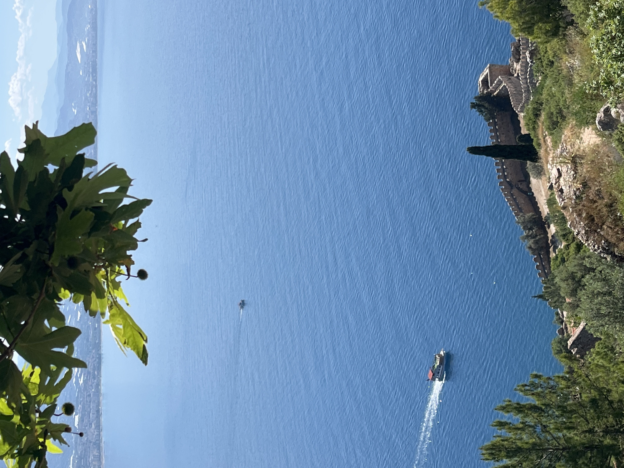 The image shows a view from a high vantage point in Alanya, Turkey, overlooking the Mediterranean Sea. The scene is composed of natural and man-made elements. On the left, a large tree with green leaves partially obscures the view towards the coastline with distant buildings visible. The majority of the image shows the blue sea with two small boats visible. One boat is closer to the viewer and is leaving a white wake behind it. The other boat is smaller and further away. On the right side, a steep cliff covered in vegetation is topped with a partially visible stone wall and building structure. The image suggests a sunny day.