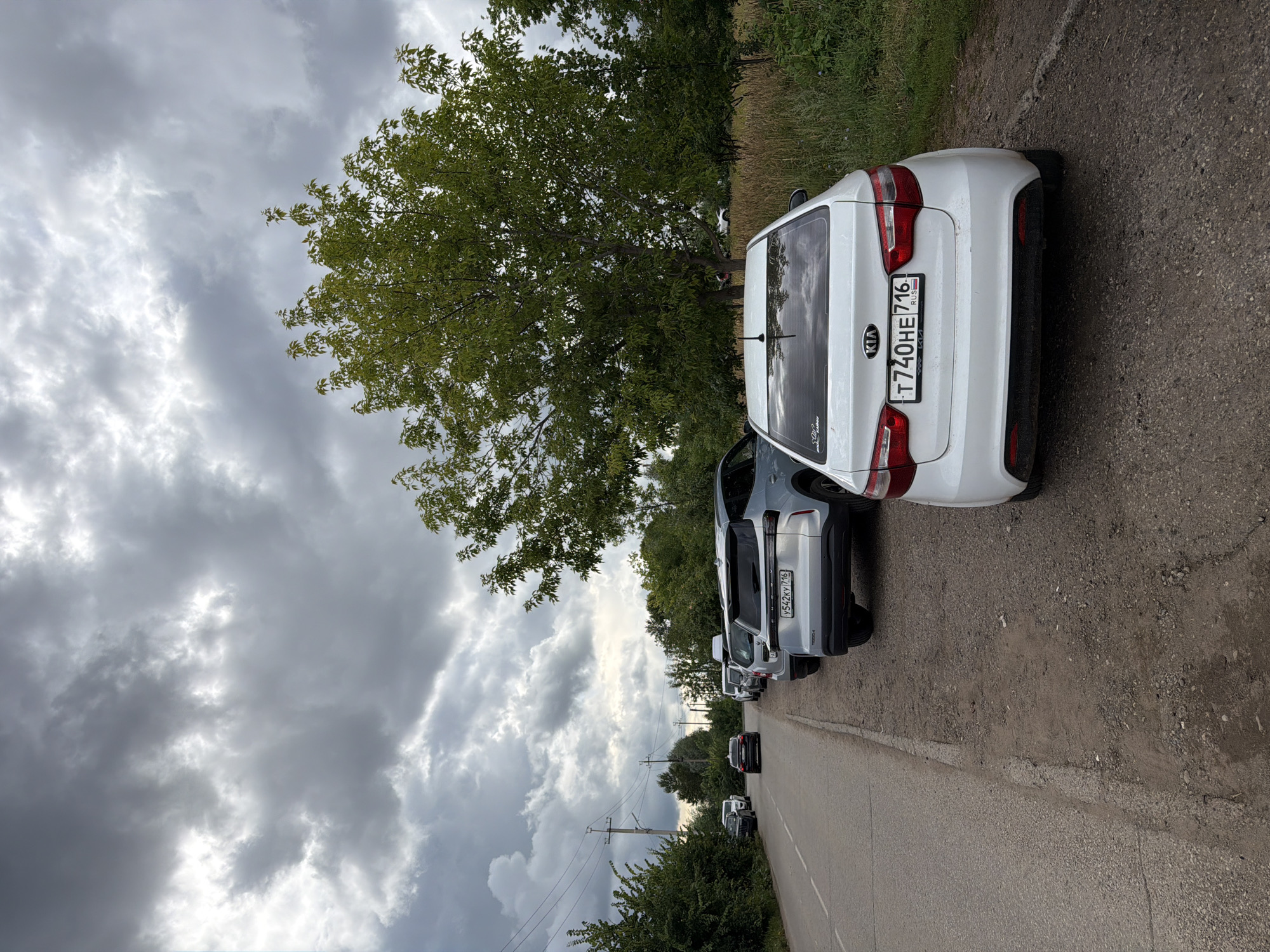 A wide, slightly overcast outdoor shot shows a row of parked cars on the right side of a paved road. The road runs parallel to a dirt shoulder where the vehicles are parked. A white Kia sedan is in the foreground on the right, facing away from the camera. Its license plate reads "T740HE716 RUS". Further down the road, a light blue SUV with a license plate ending in "716" is parked. Beyond that, several other cars are visible. The left side of the road features a verge with green trees and bushes. In the background, a large leafy tree stands prominently, with a field of dry grass and more trees behind it. The sky is filled with dark, dramatic clouds. There are no people visible in the image. The scene appears to be a rural or semi-rural setting, likely on the outskirts of Yelabuga, Russia, given the license plate format and Cyrillic script.