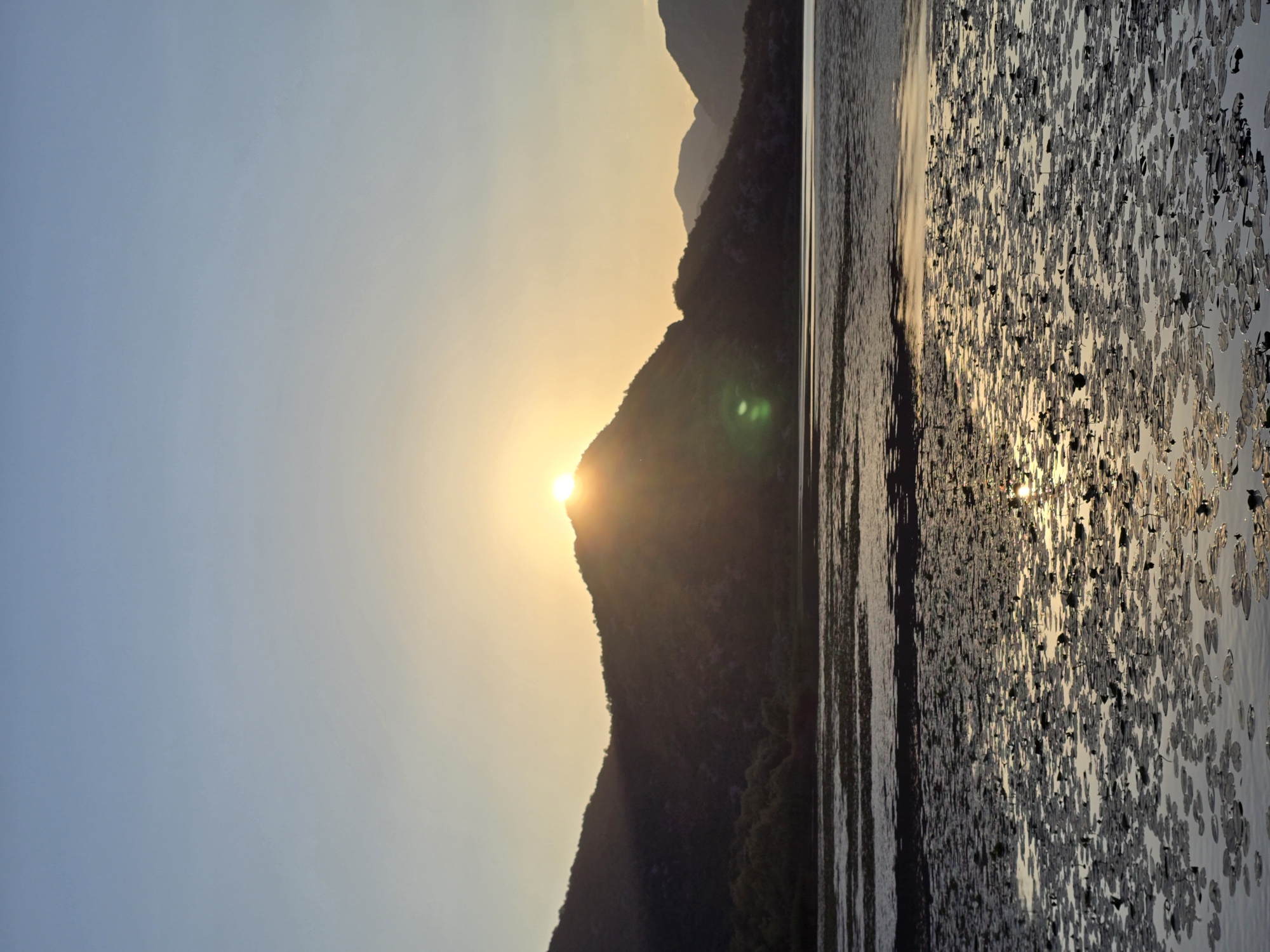 This image captures a sunset over a lake in Seoca, Montenegro. The sun is positioned behind a silhouetted mountain, with its rays emanating outwards and creating a lens flare. The sky transitions from a pale blue at the top to a soft yellow near the horizon. The foreground is dominated by a body of water covered with numerous lily pads, reflecting the warm hues of the setting sun. In the background, the outlines of other mountains can be seen fading into the distance. The overall atmosphere is serene and natural.